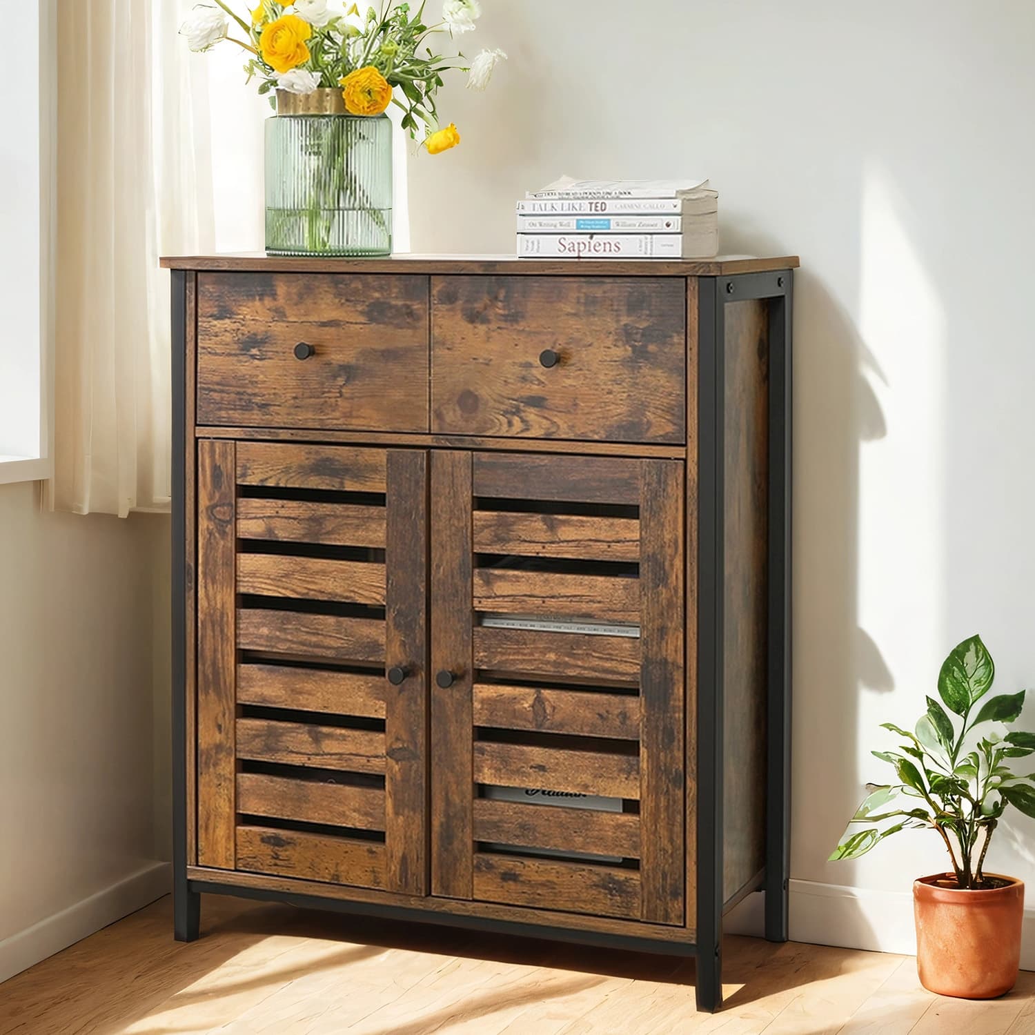 Kitchen Cupboard, Storage Cabinet with Louvered Doors, Drawer, for Bedroom, Living Room, Brown Kitchen Cupboard, Storage Cabinet with Louvered Doors, Drawer, for Bedroom, Living Room, Brown
