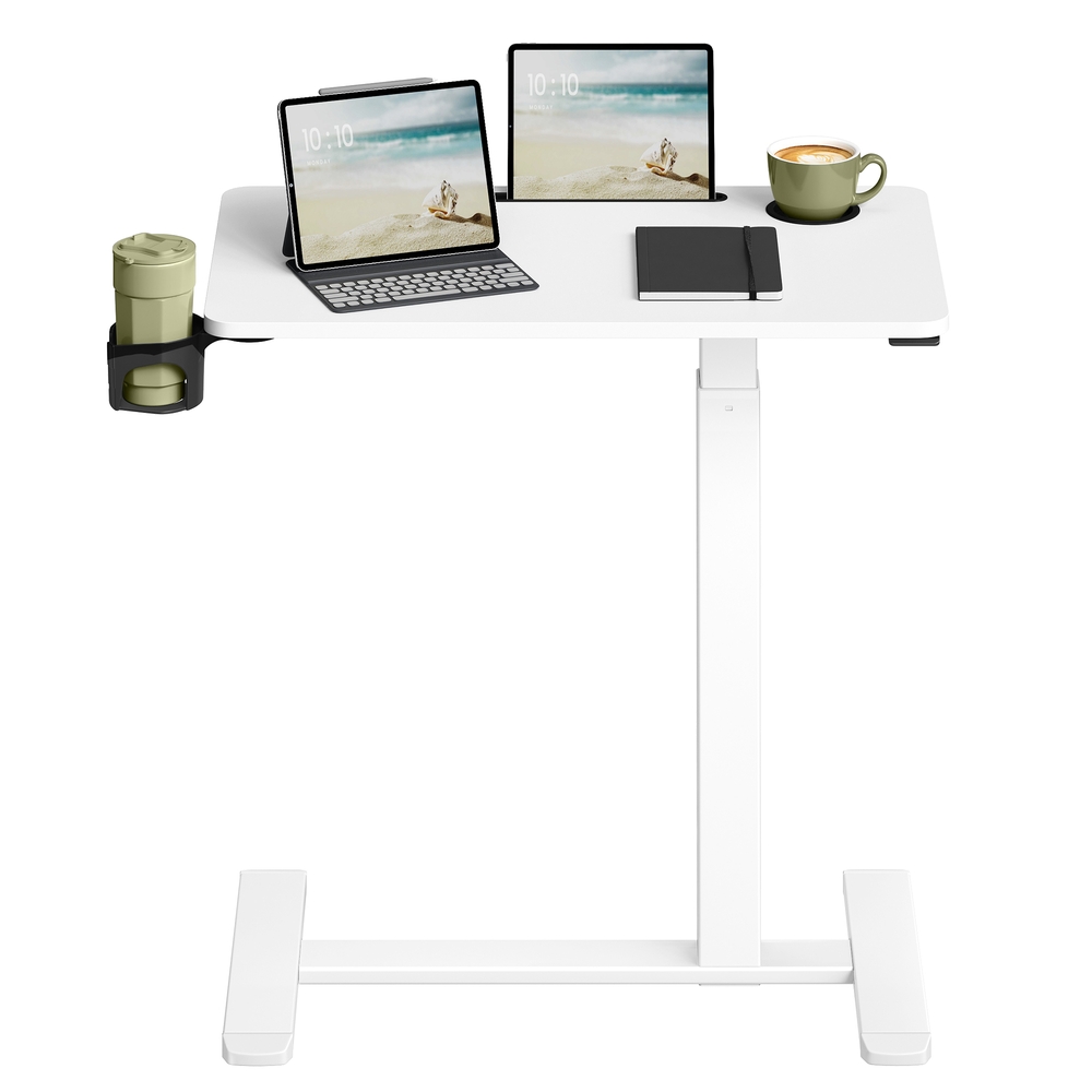Rolling Adjustable Laptop Table, Height Adjustable Sit-Stand Desk with Cup Holders and Device Slot