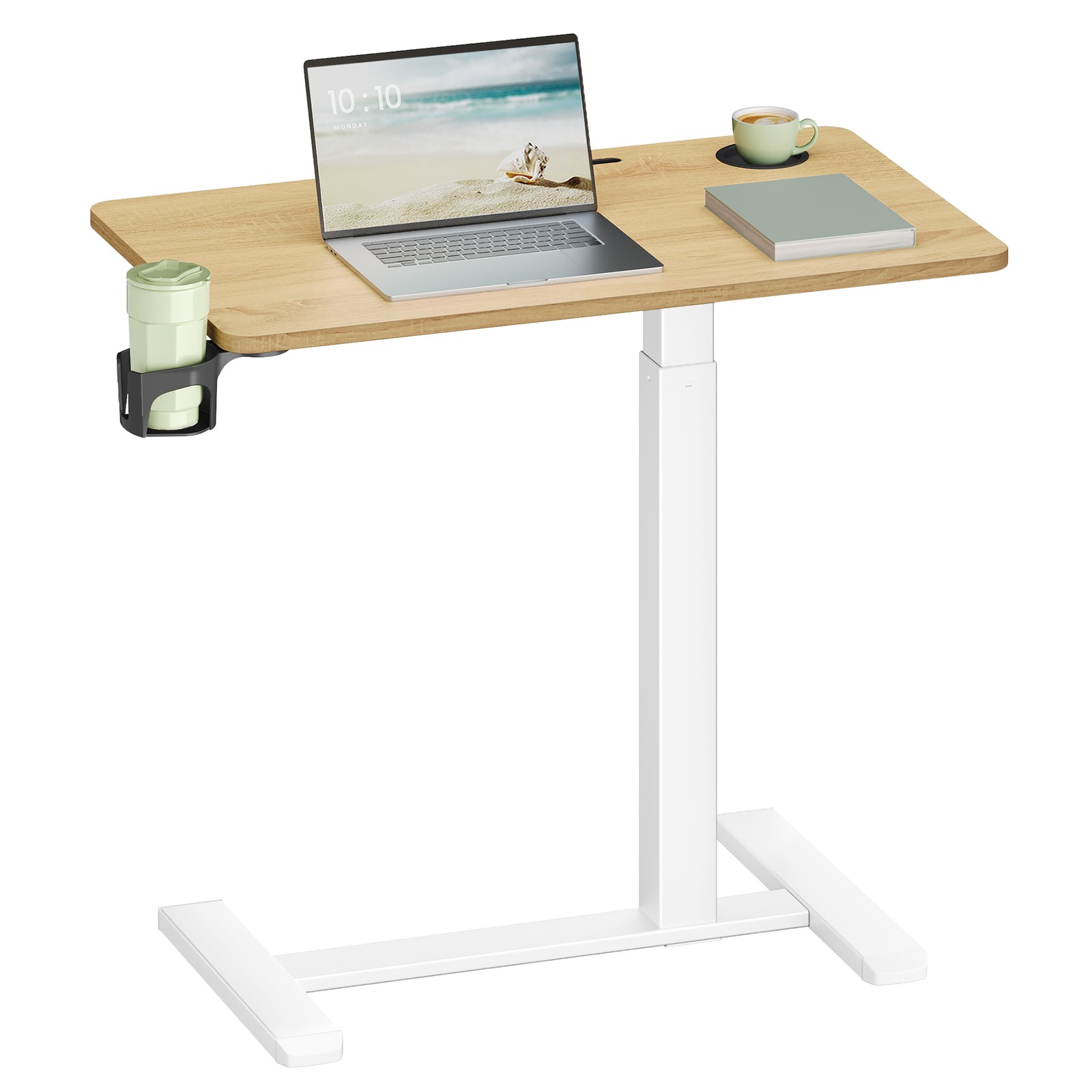 80 x 45 cm Overbed table with adjustable height wheels and slots for devices Golden Oak