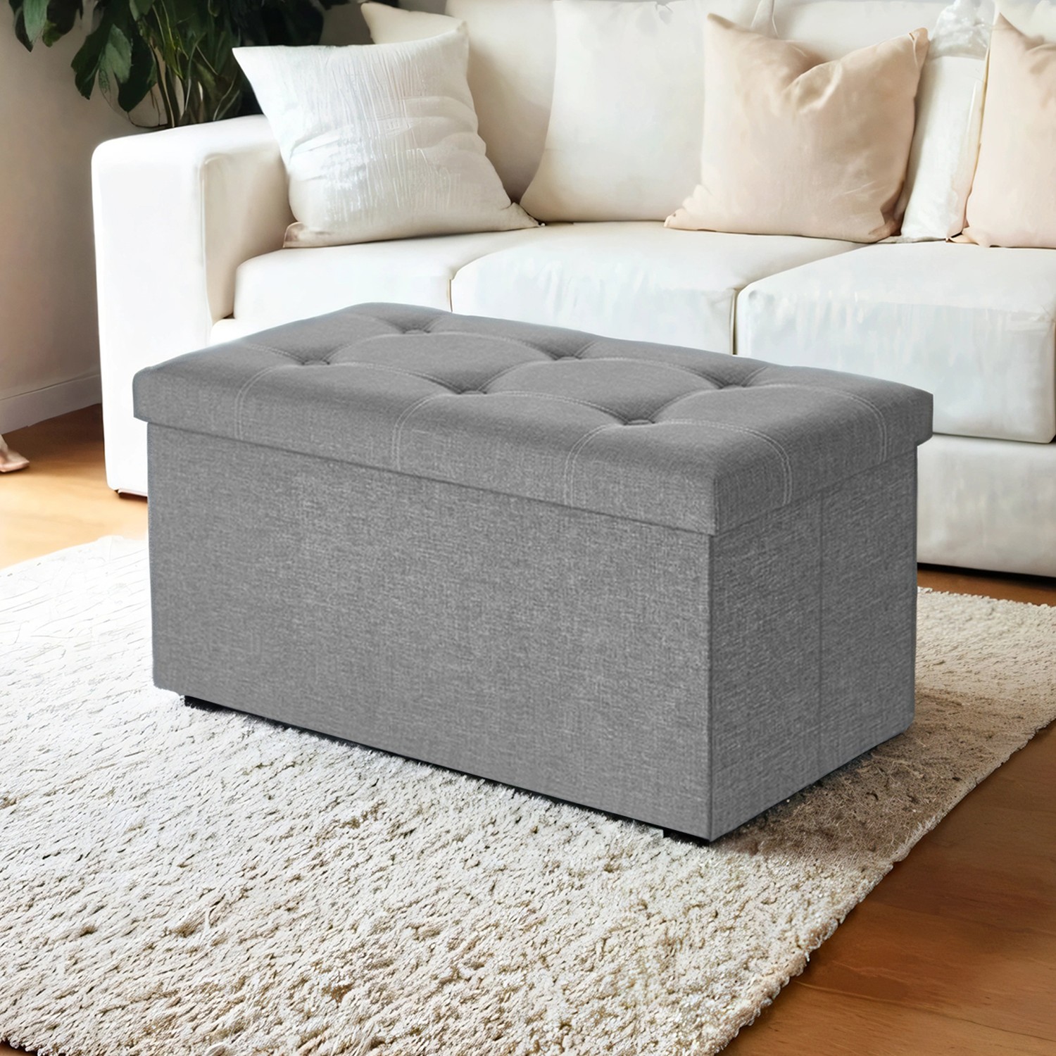 76 cm Ottoman Storage Bench, 80 L Folding Chest with Linen-Look Fabric, for Entryway 76 cm Ottoman Storage Bench, 80 L Folding Chest with Linen-Look Fabric, for Entryway