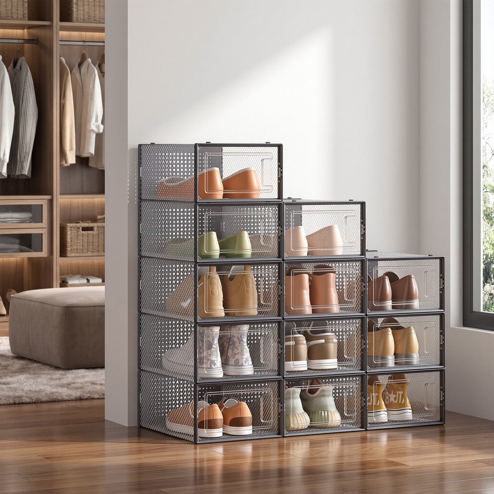 Stackable Shoe Boxes, Pack of 12 Shoe Storage Organizers, 33.3 x 23.2 x 14.3 cm