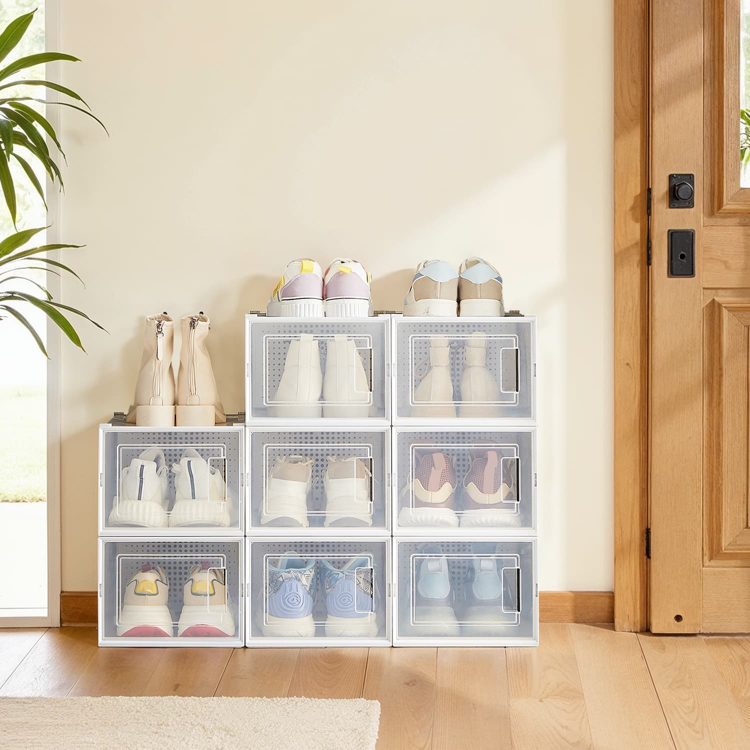 Set of 8 Sneaker Storage Boxes, Foldable Stackable Organisers for Closet, Fits UK Size 11, White and Transparent Set of 8 Sneaker Storage Boxes, Foldable Stackable Organisers for Closet, Fits UK Size 11, White and Transparent