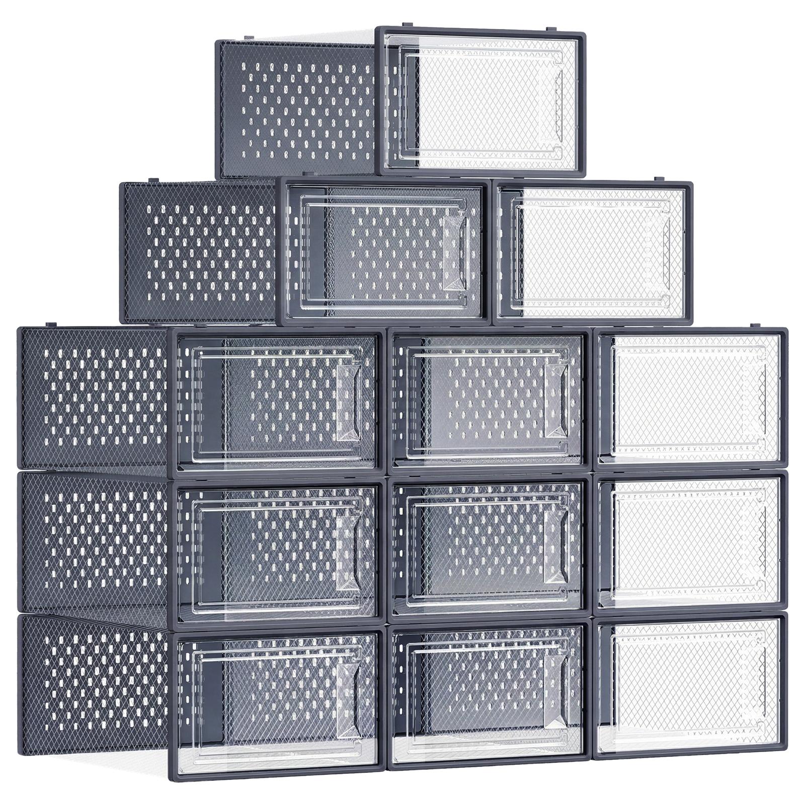 12-Pack Stackable Plastic Shoe Boxes Transparent and Charcoal Blue
