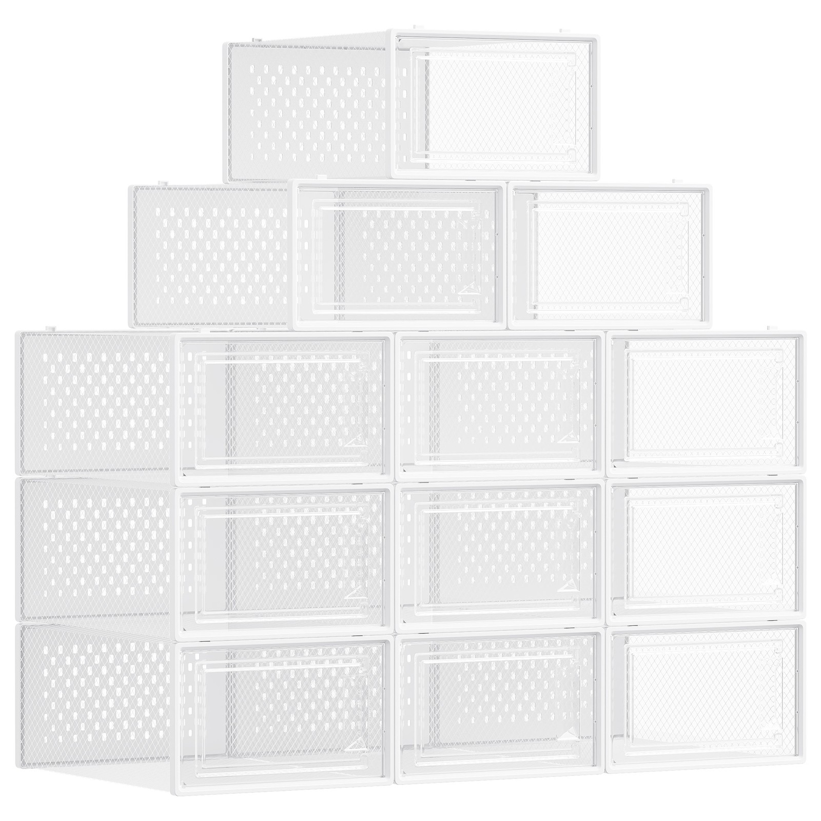 Stackable Shoe Boxes, Pack of 12 Shoe Storage Organizers, 33.3 x 23.2 x 14.3 cm Stackable Shoe Boxes, Pack of 12 Shoe Storage Organizers, 33.3 x 23.2 x 14.3 cm