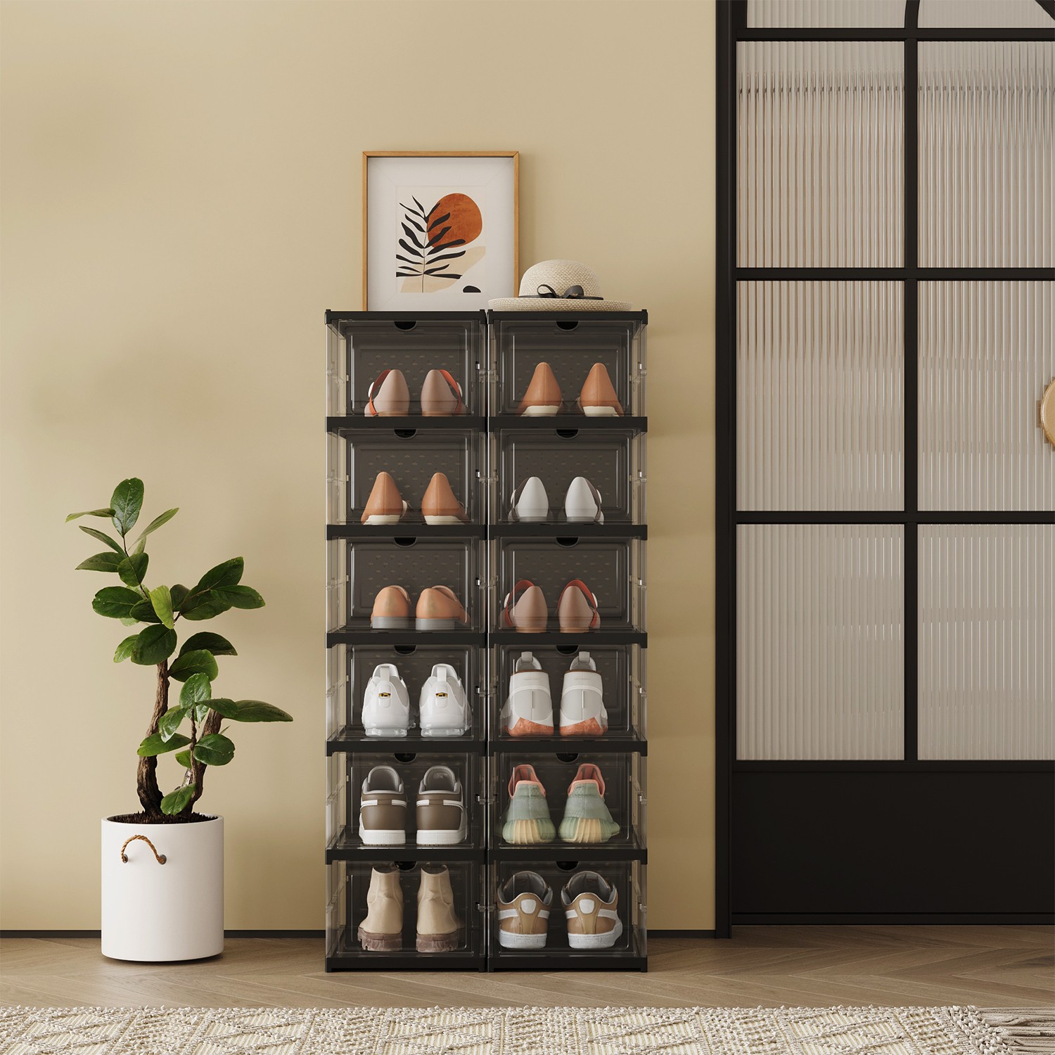 Set of 12 Shoe Boxes, Stackable Foldable Shoe Storage Organizers, For US Size 13