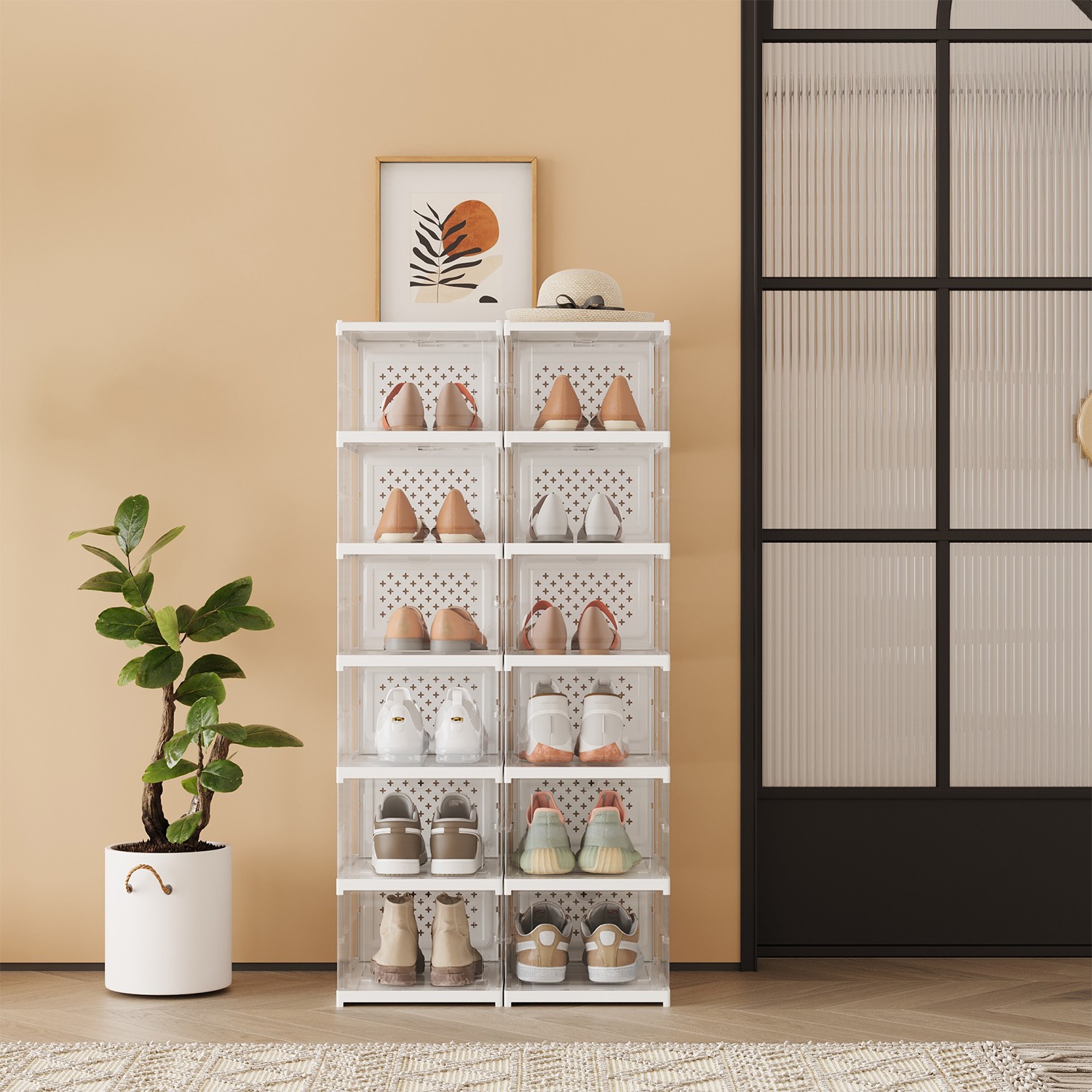 Set of 12 Shoe Boxes, Stackable Foldable Shoe Storage Organizers, For US Size 13