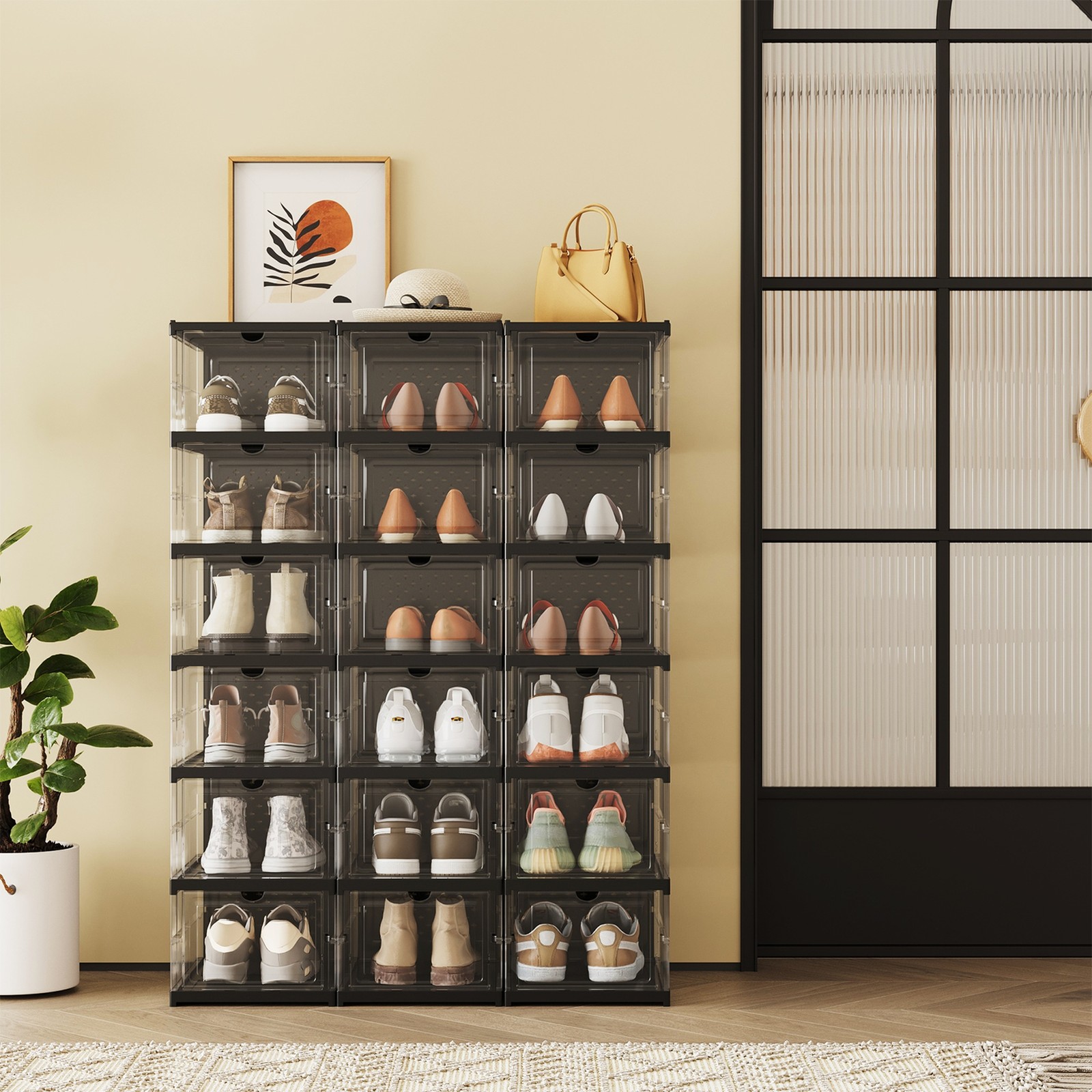 Set of 18 Shoe Boxes, Stackable Foldable Shoe Storage Organizers, For US Size 13