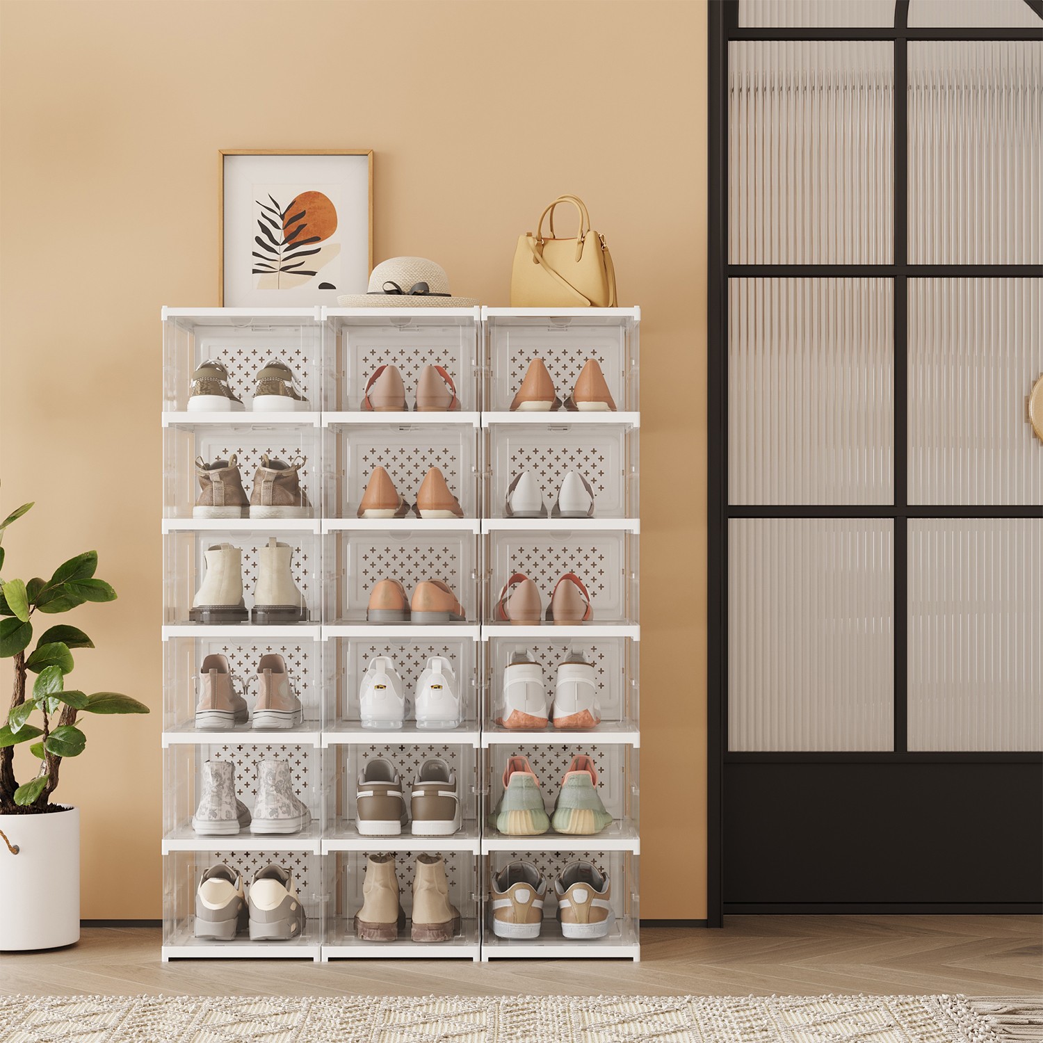 Set of 18 Shoe Boxes, Stackable Foldable Shoe Storage Organizers, For US Size 13 Set of 18 Shoe Boxes, Stackable Foldable Shoe Storage Organizers, For US Size 13