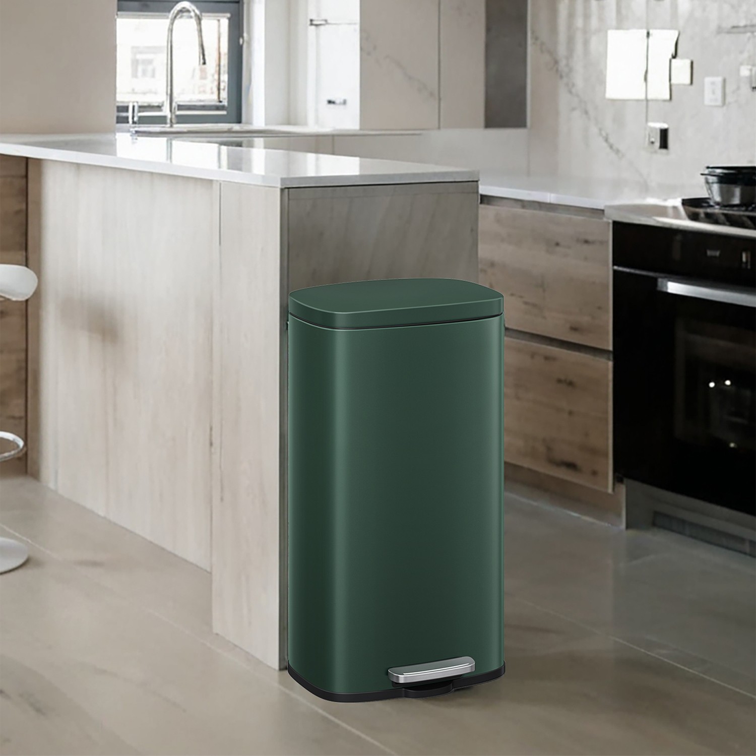 Pedal Rubbish Bin 30 L, Soft-Close Lid Kitchen Waste Bin with Inner Bucket, Steel, for Home, Green