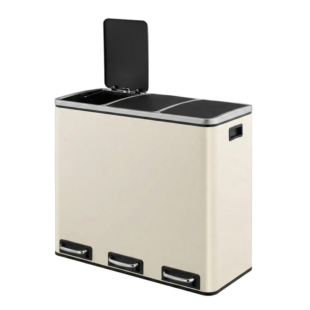 Triple Pedal Bin, 54 L Recycling Kitchen Waste Bin, Soft-Close Lids, Steel, for Home, Beige