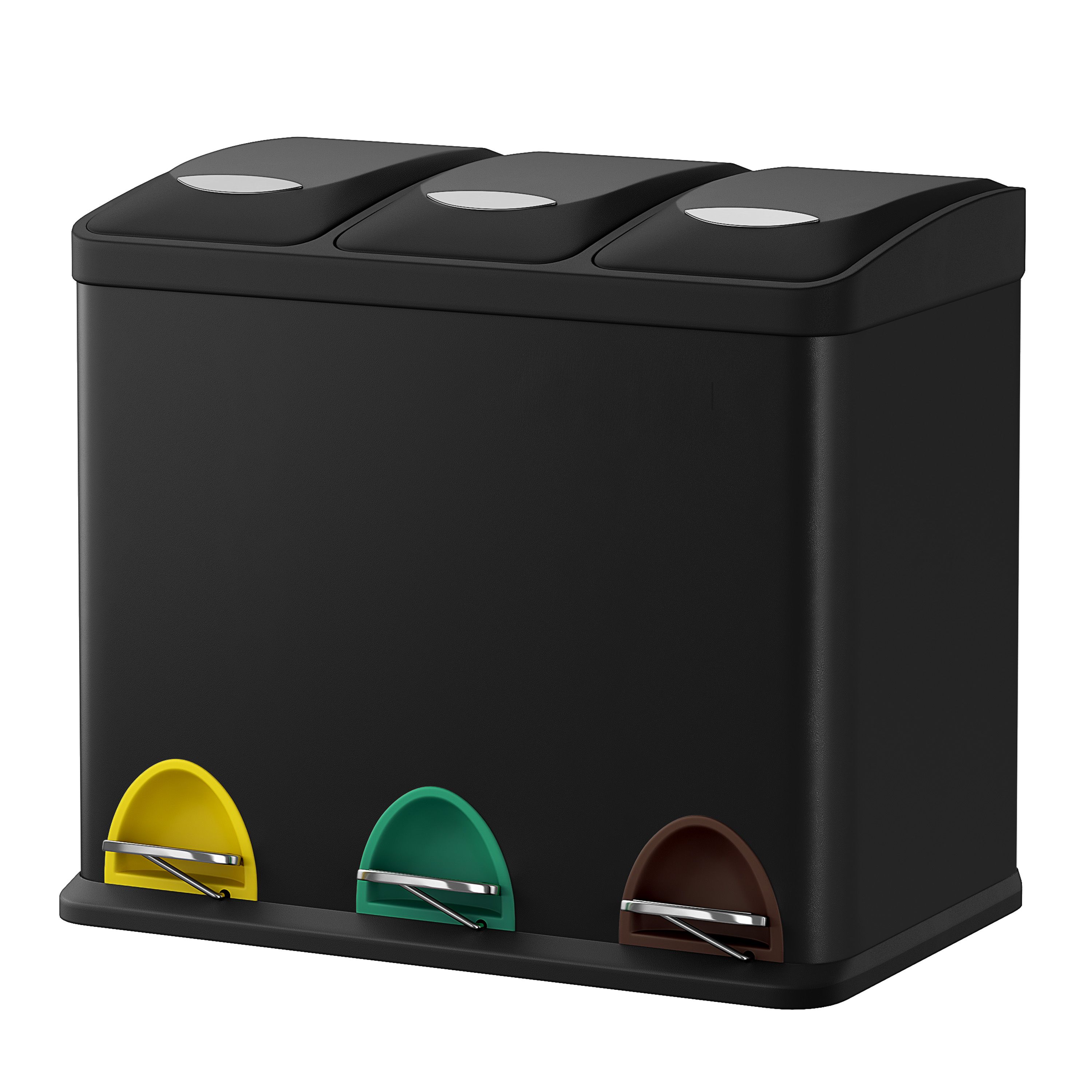 3 x 8 L Metal Kitchen Rubbish Bin, Pedal Trash Bin for Waste and Recycling, with Lids and Inner Buckets