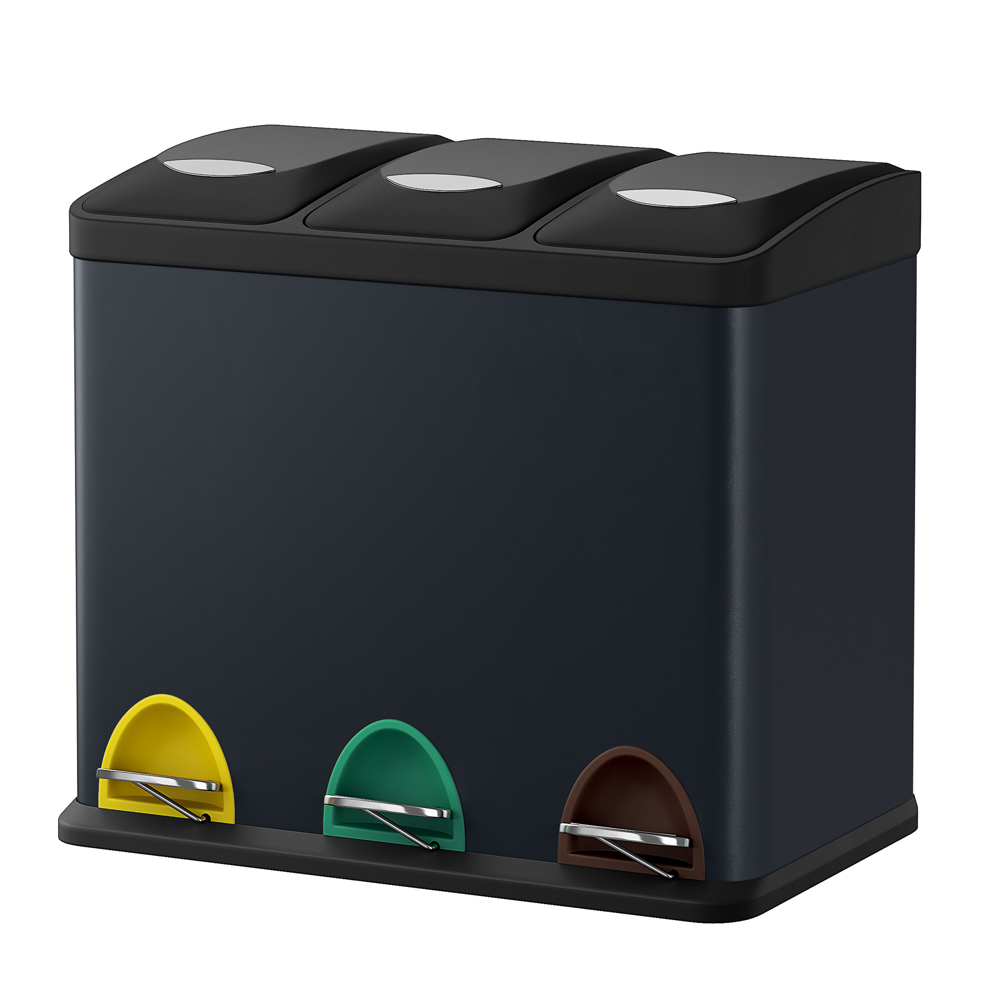 3 x 8 L Metal Kitchen Rubbish Bin, Pedal Trash Bin for Waste and Recycling, with Lids and Inner Buckets