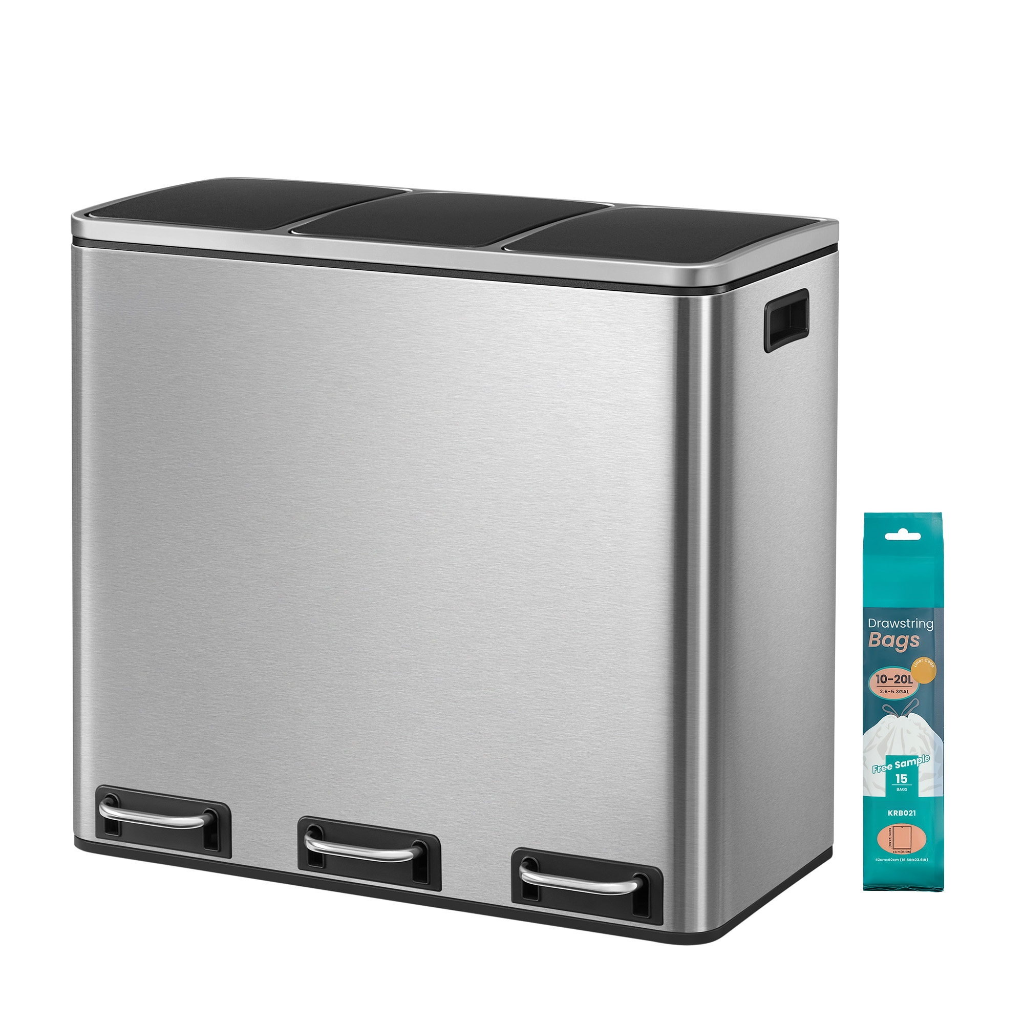 Triple Compartment Pedal Bin, 54 L Recycling Waste Bin with Soft-Close Lids and Handles, for Kitchen, Silver Black