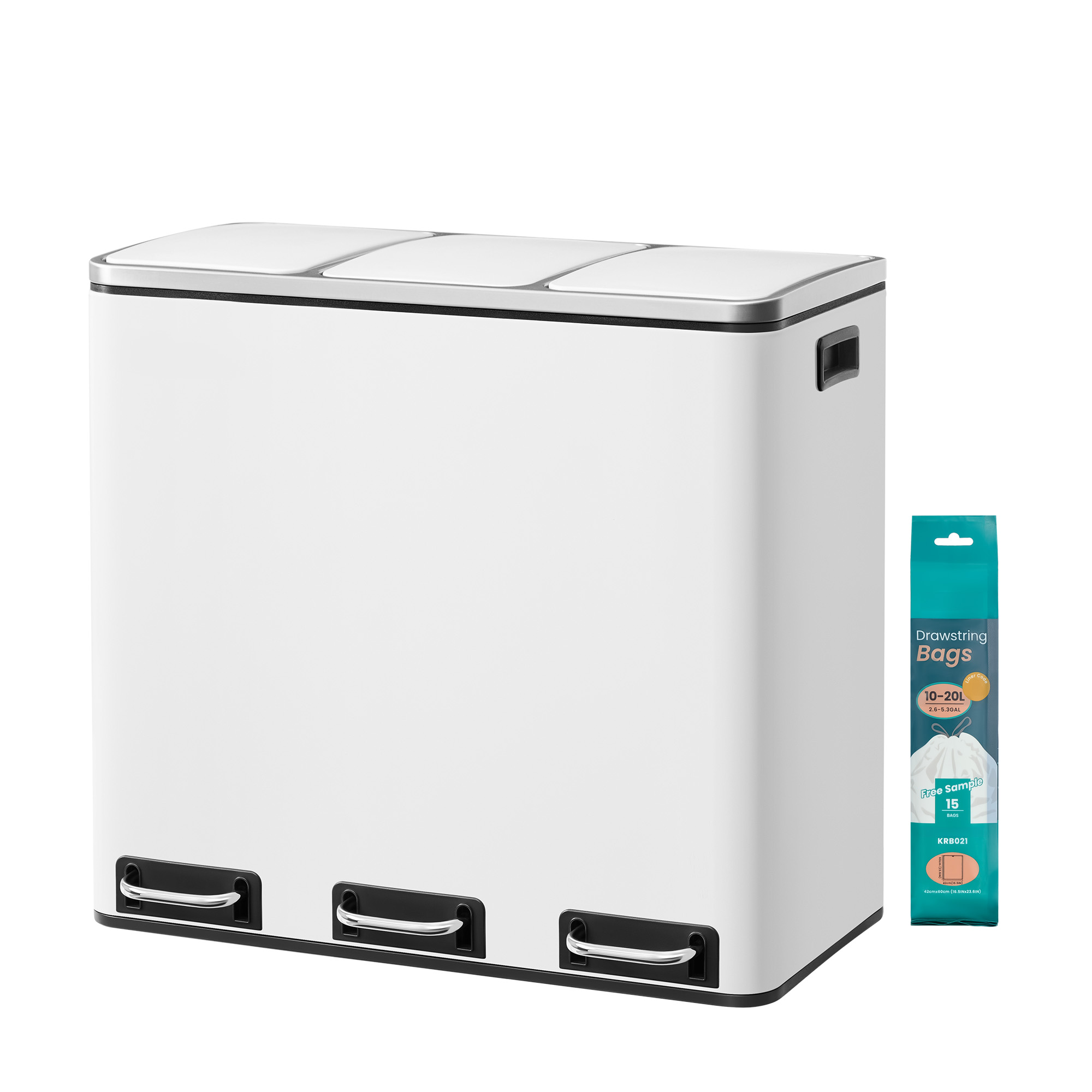 Triple Compartment Pedal Bin, 54 L Recycling Waste Bin with Soft-Close Lids and Handles, for Kitchen, White