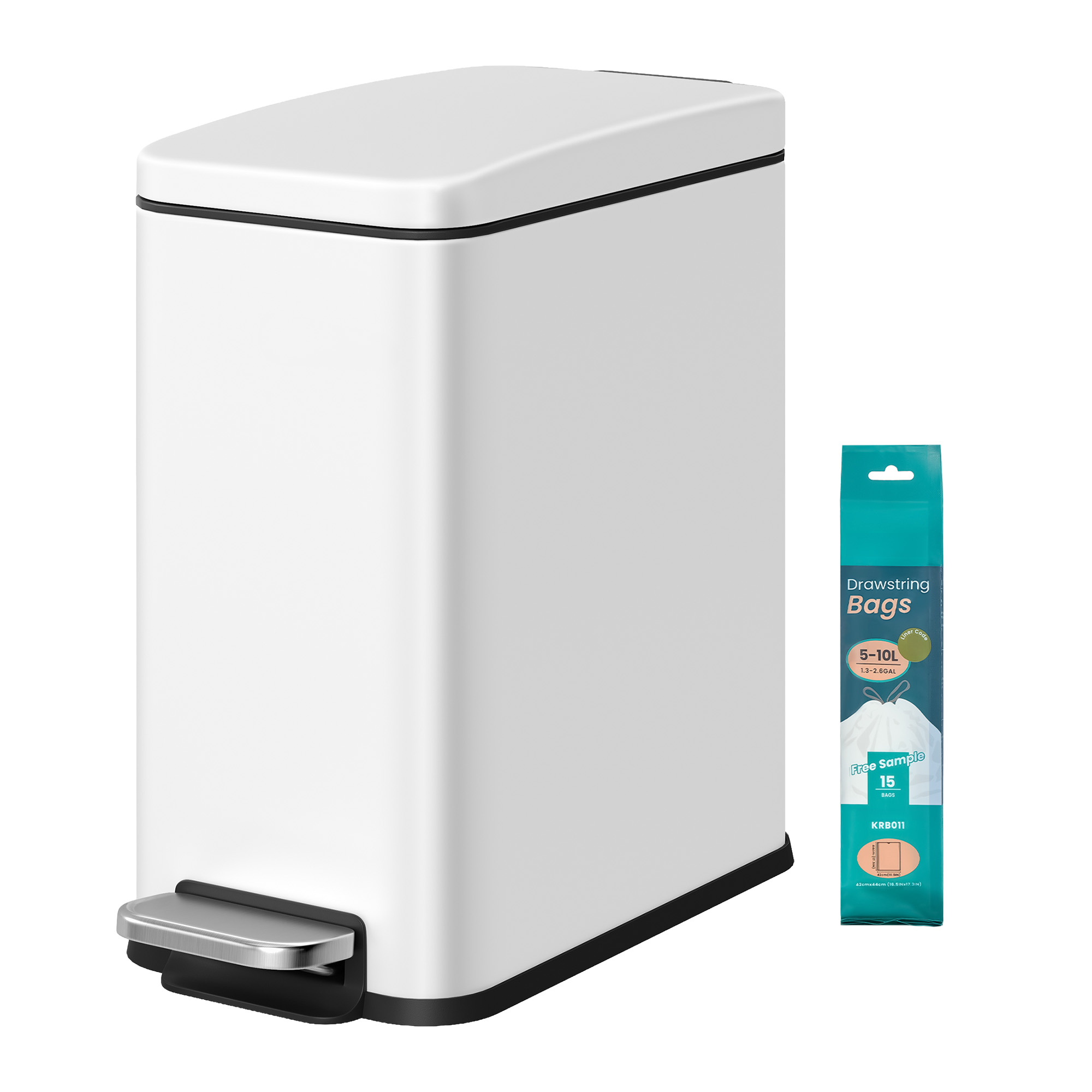 Bathroom Pedal Bin, Soft Close Steel Bin, Slim Design for Bathroom, 10L Capacity, White
