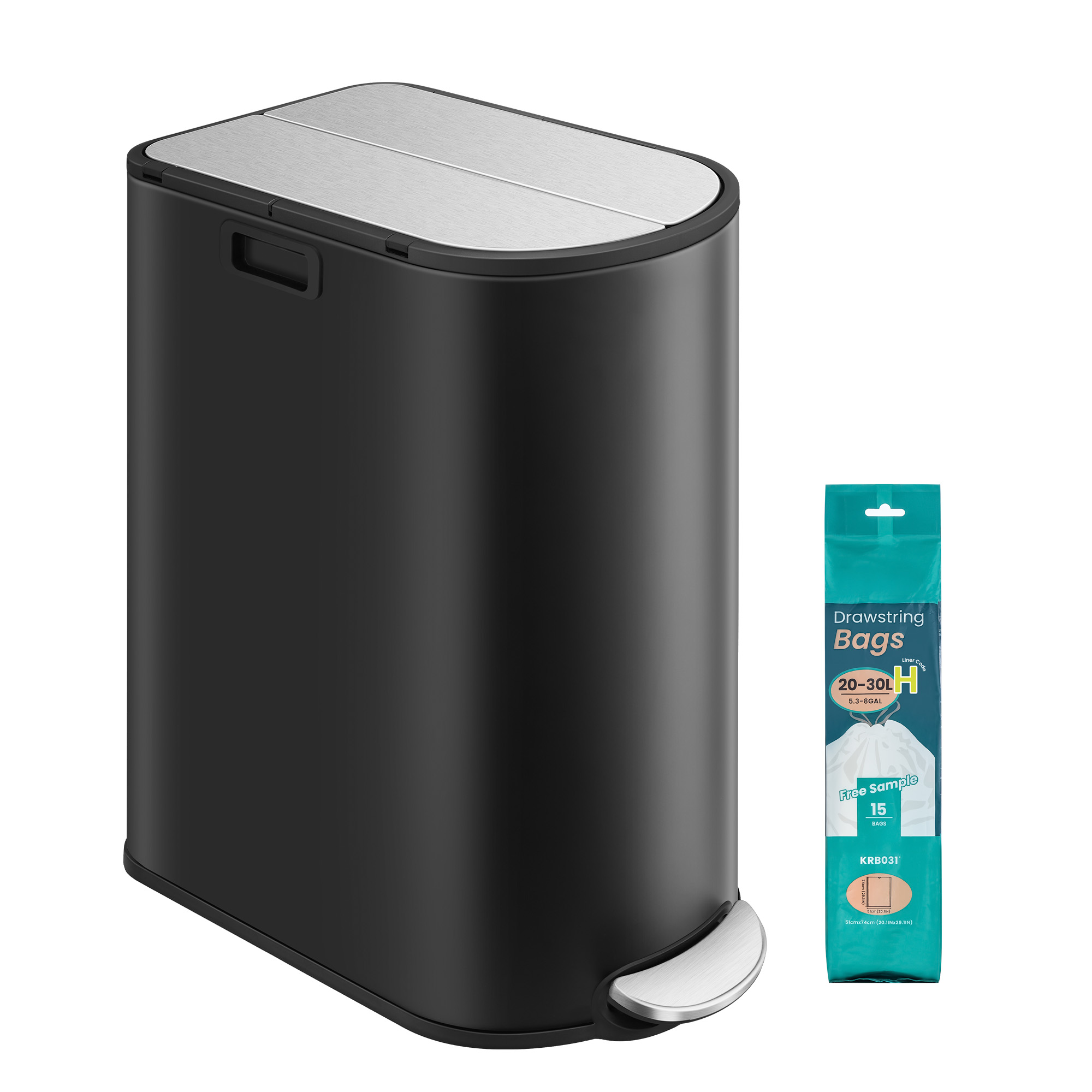 Dual Compartment Recycling Bin, 30L and 20L Pedal Kitchen Waste Bin with Slim Design