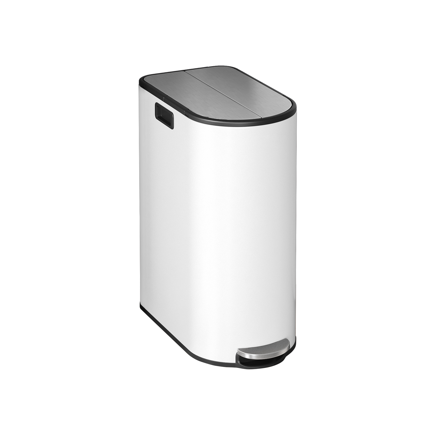 Recycling Pedal Bin, 2-Section Slim Kitchen Waste Bin, Butterfly Lids, White and Silver