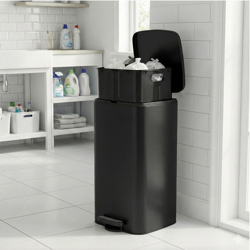 Pedal Waste Bin, 30 L Steel Bin with Inner Bucket, Soft Close, for Kitchen, Stays Open, Black