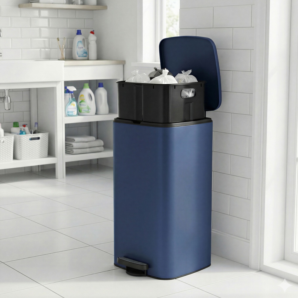 Pedal Waste Bin, 30 L Steel Bin with Inner Bucket, Soft Close, for Kitchen, Stays Open, Blue