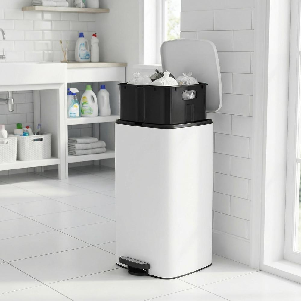 Pedal Waste Bin, 30 L Steel Bin with Inner Bucket, Soft Close, for Kitchen, Stays Open, White