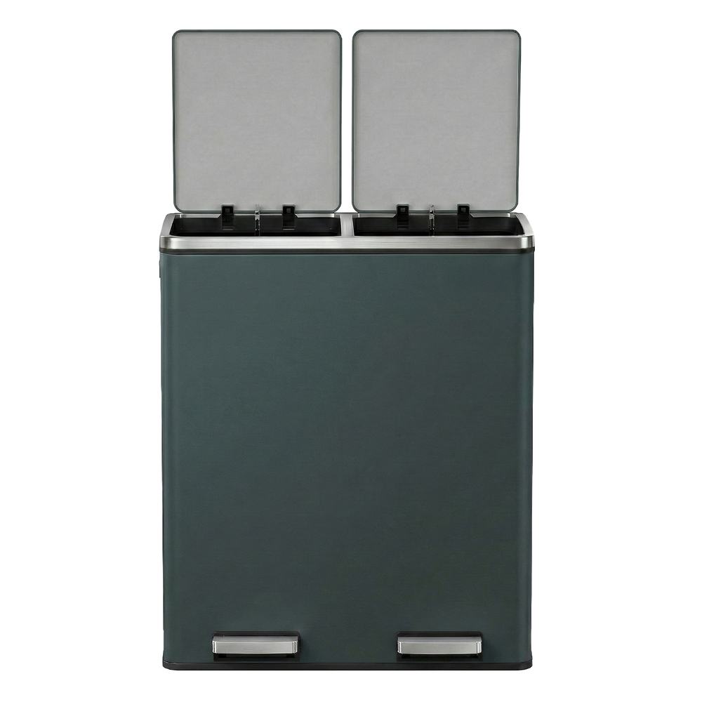 60L Dual Compartment Pedal Bin, Soft-Close Lids, Removable Buckets, Grey Kitchen Recycling Bin
