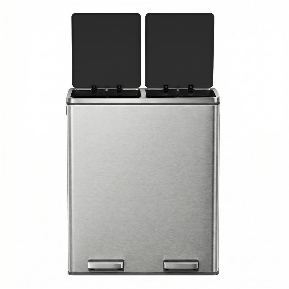 60L Pedal Rubbish Bin, Dual Sections, Soft-Close, Silver