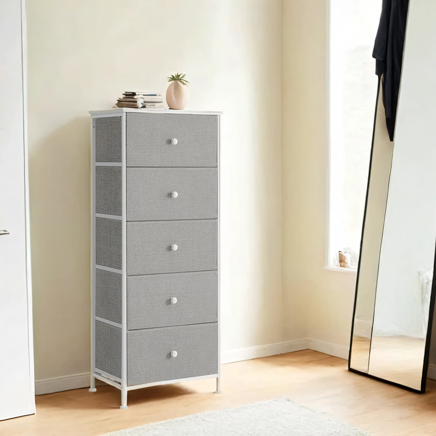 Chest of Drawers, Storage Cabinet with 5 Fabric Drawers, Grey Chest of Drawers, Storage Cabinet with 5 Fabric Drawers, Grey