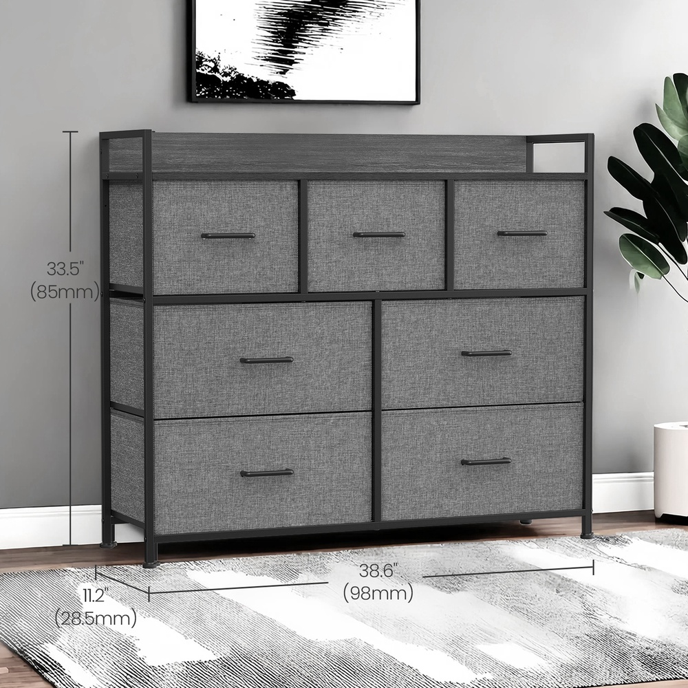 Dresser Cabinet with 7 Fabric Drawers, Metal Frame, Storage Organizer for Bedroom, Grey