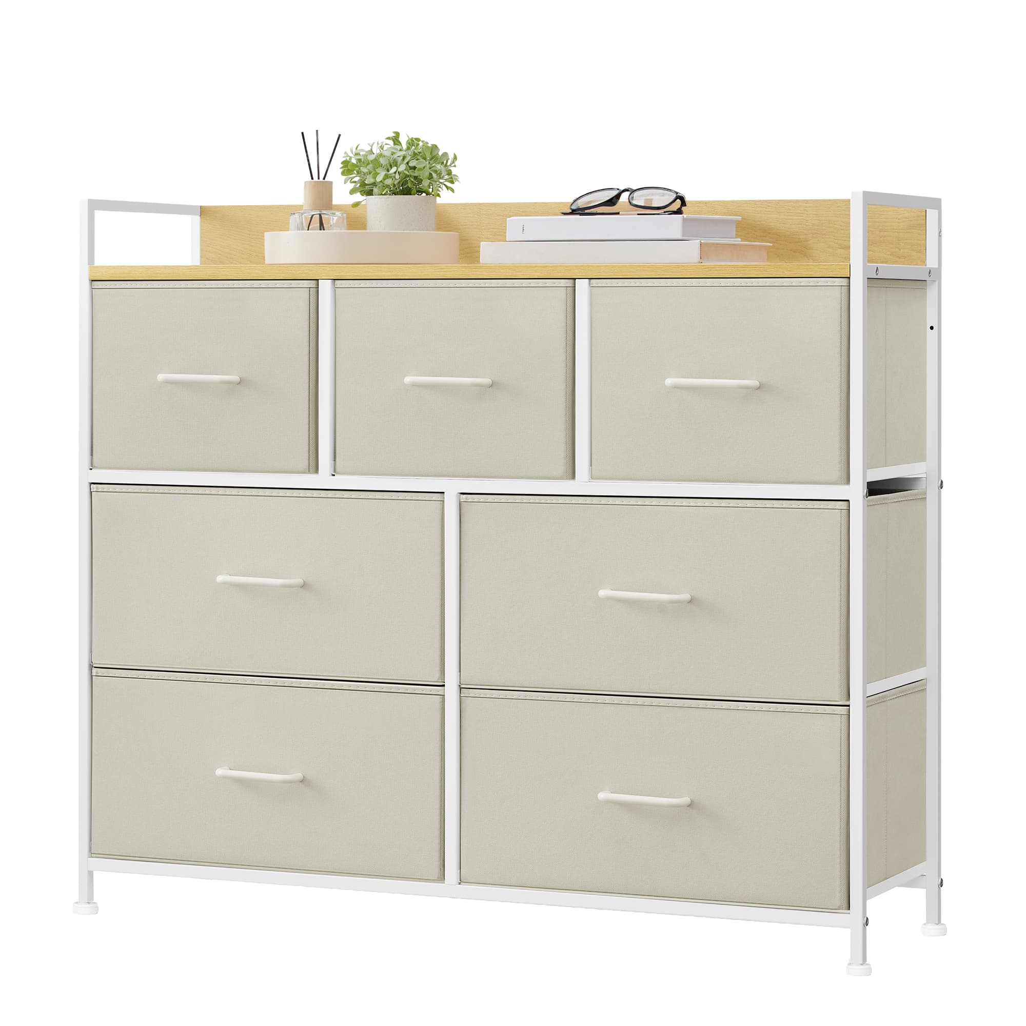 Chest of 7 Drawers Cream White and Oak Beige