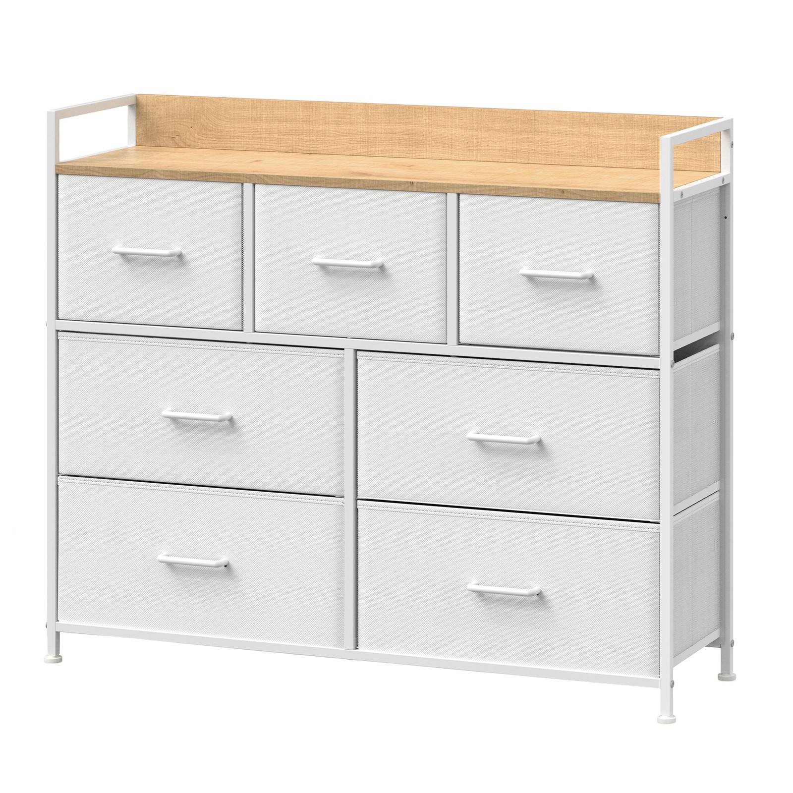 Dresser Cabinet with 7 Fabric Drawers, Metal Frame, Storage Organizer for Bedroom, White and Beige