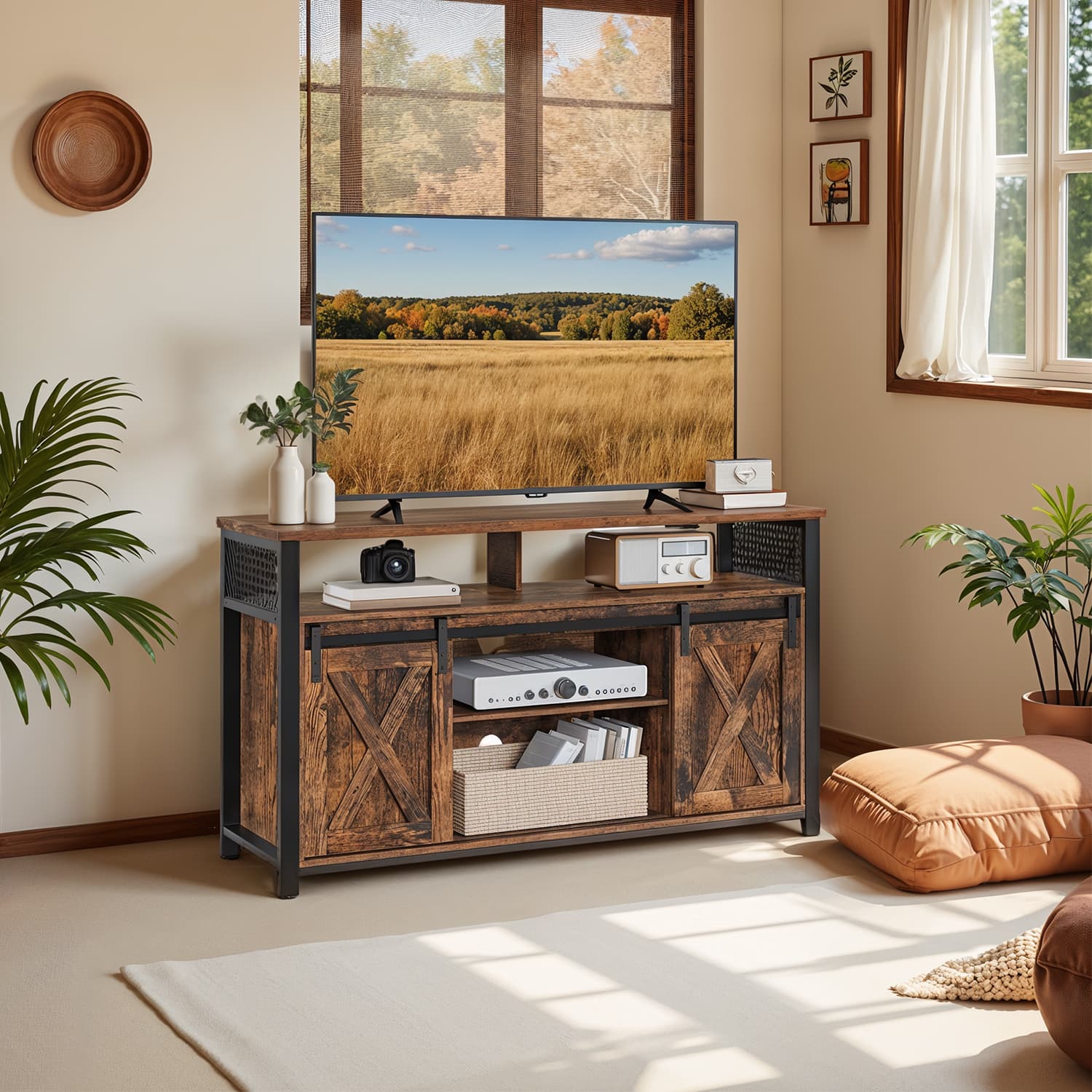Entertainment Center, Media Console Table with Sliding Barn Doors, for Living Room, Brown and Black