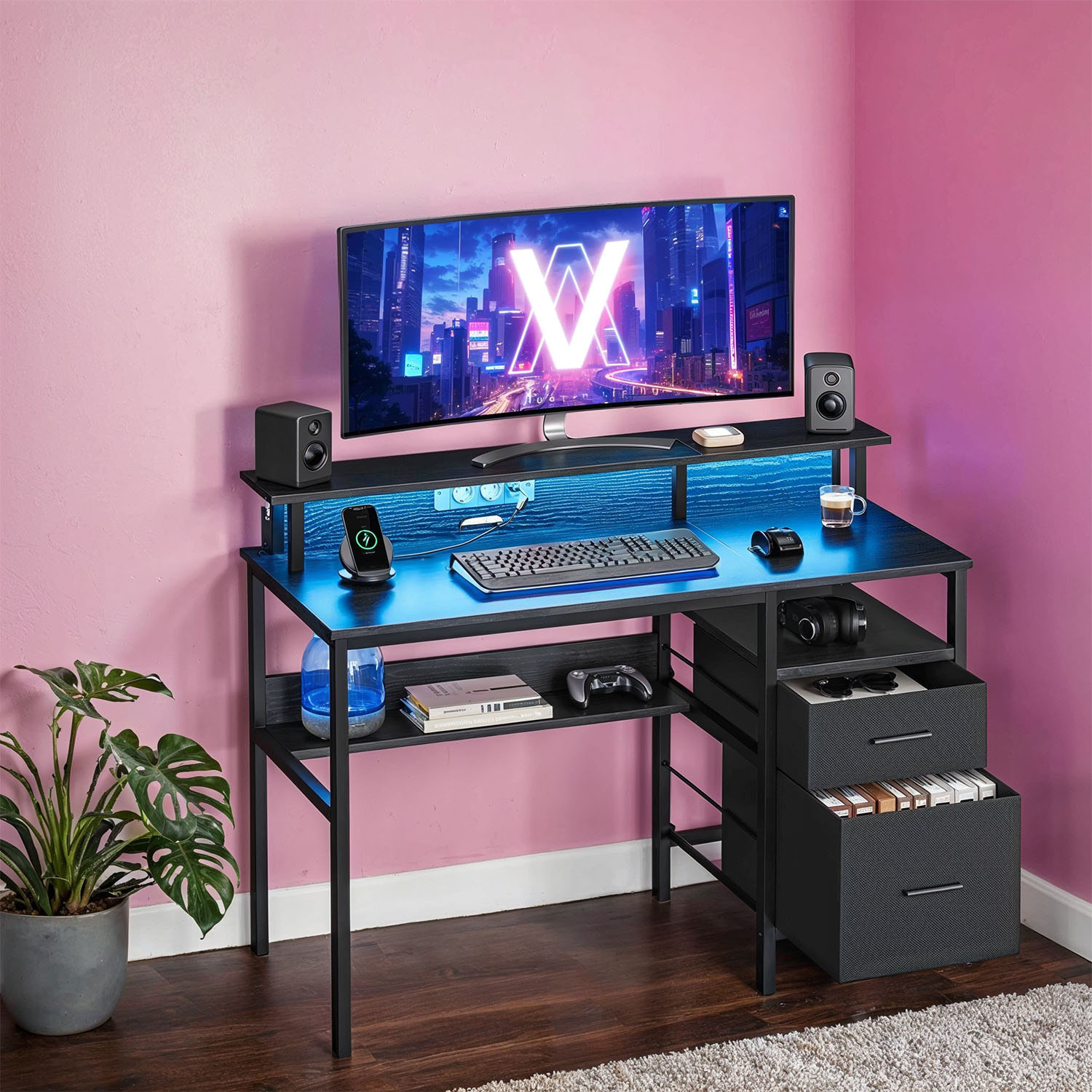 Computer Desk with Built-In Power Outlets and LED Lights, Gaming Corner Desk with Monitor Shelf, Fabric Drawers