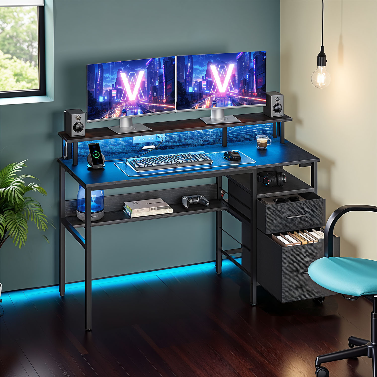 Computer Desk with Built-In Power Outlets, LED Lights, Monitor Shelf