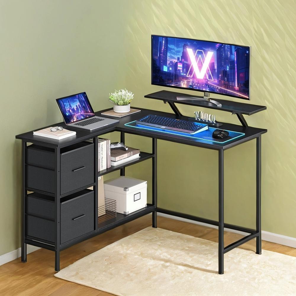 Corner Computer Desk with Monitor Stand, 115 cm Wide, Adjustable Shelf, 2 Drawers, for Home Office, Black