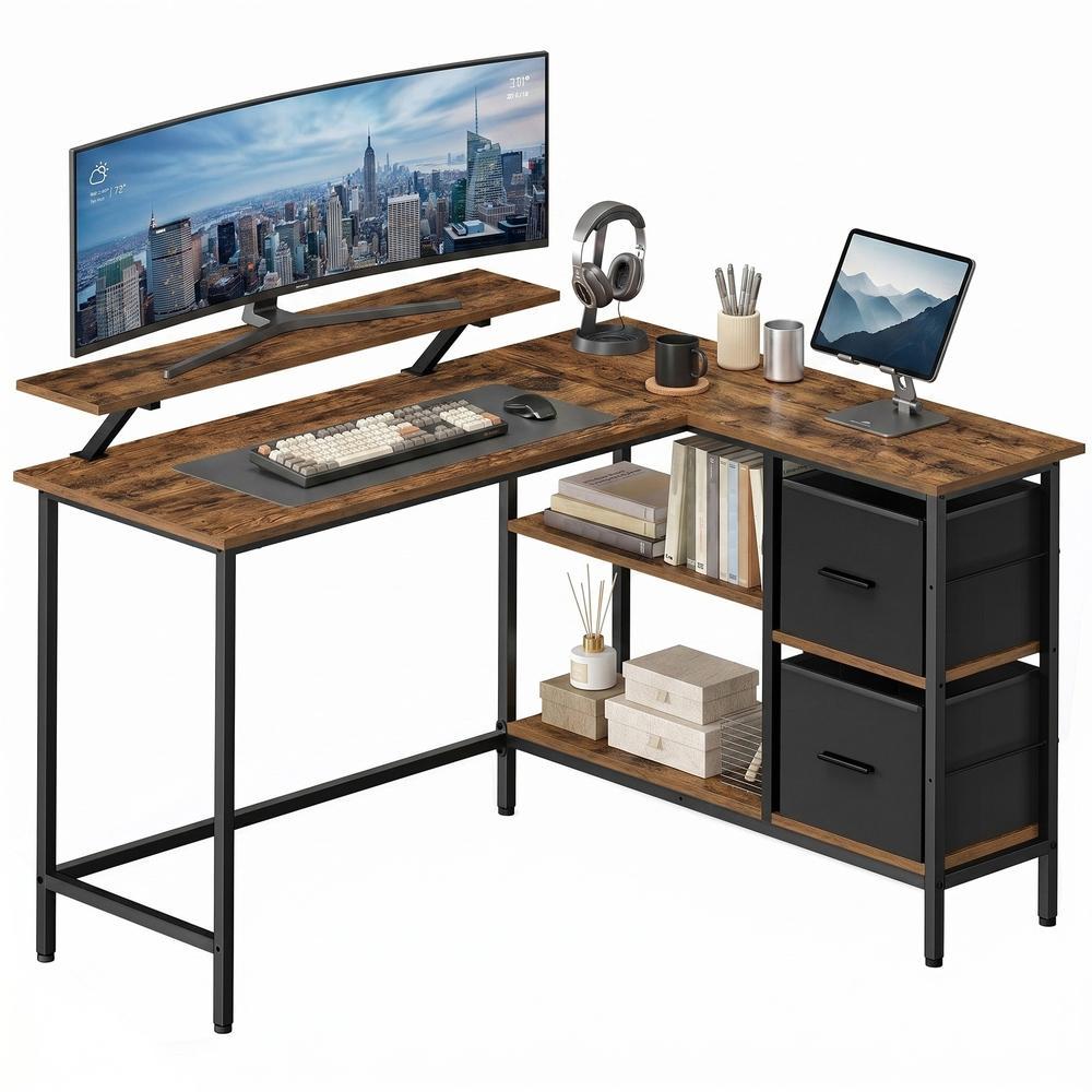 Corner Computer Desk with Monitor Stand, 135 cm Wide, Adjustable Shelf, 2 Drawers, for Home Office, Brown