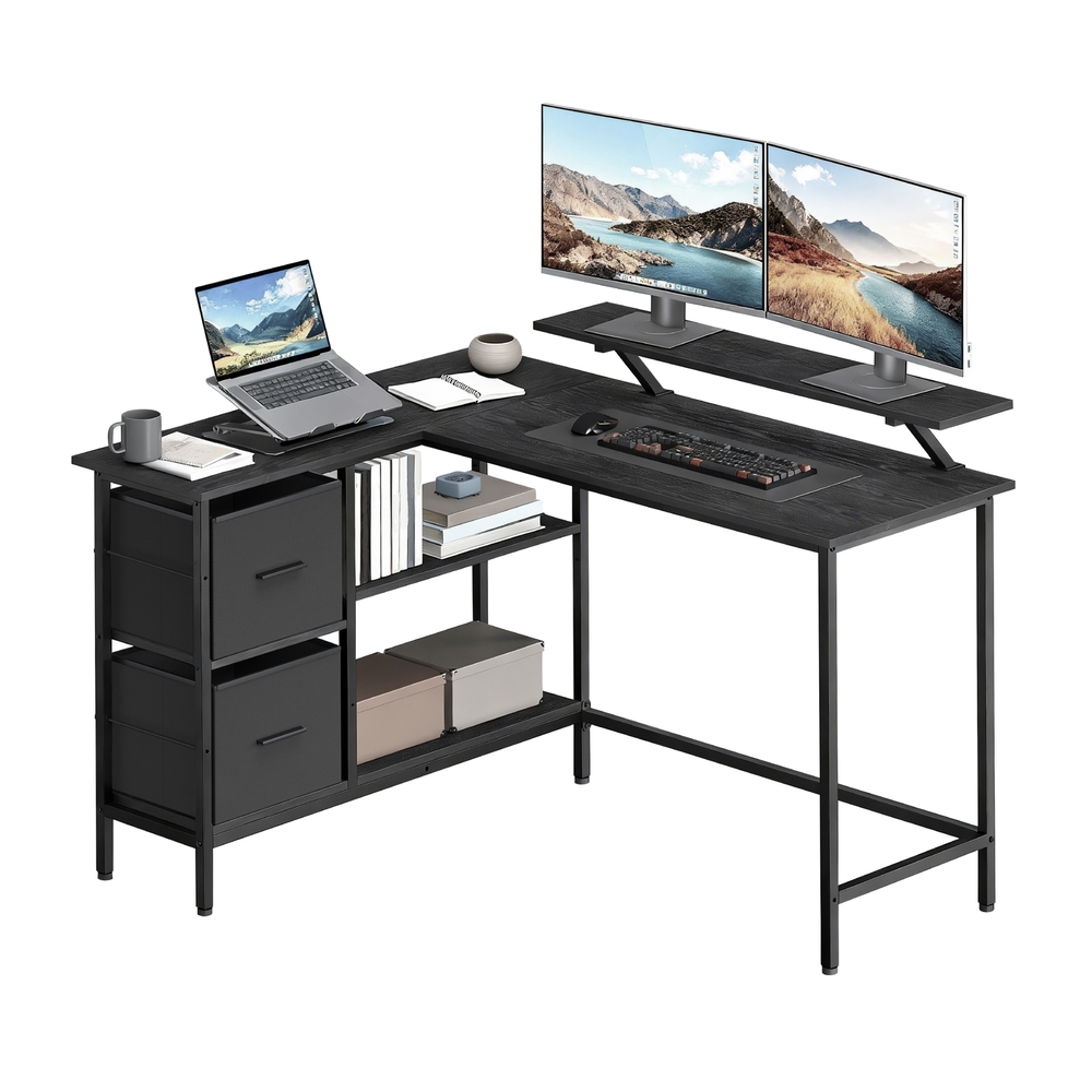 L-Shaped Gaming Desk Desk with Monitor Stand, Drawers, Adjustable Shelf