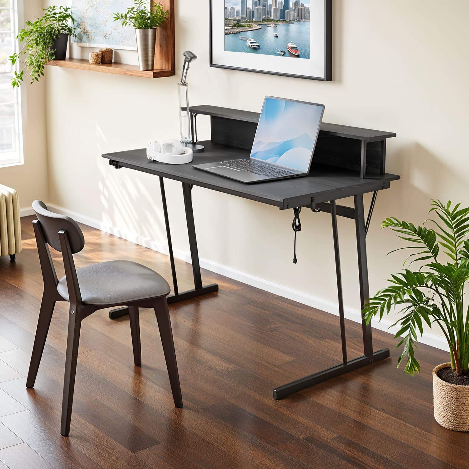 Computer Desk with LED Lights, Built-In Power Outlets, Monitor Shelf
