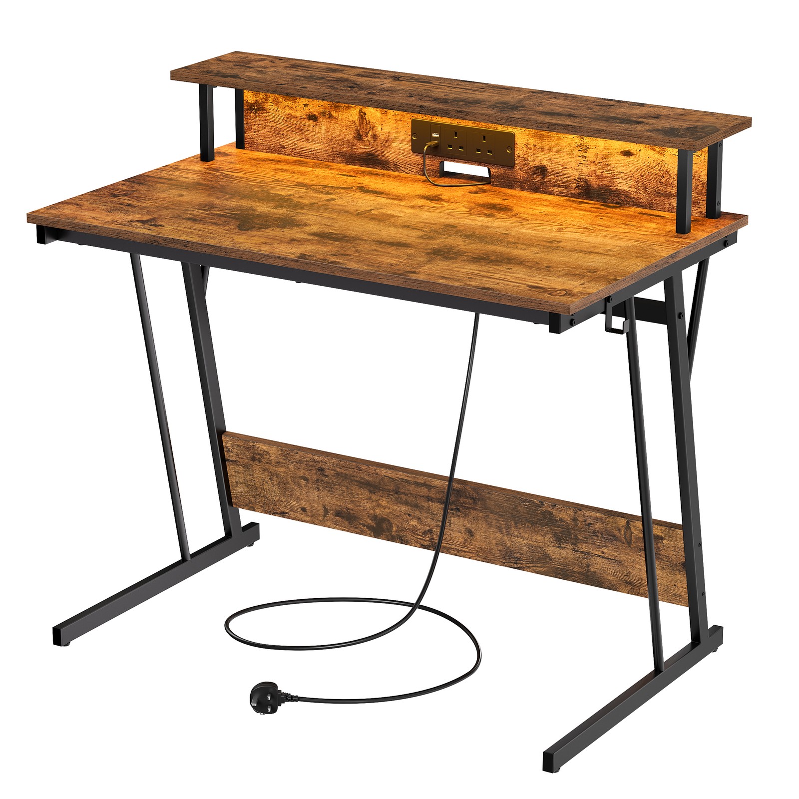 Computer Desk, Gaming Desk with Monitor Shelf and Built – In Power Outlets, LED Lights Computer Desk, Gaming Desk with Monitor Shelf and Built – In Power Outlets, LED Lights