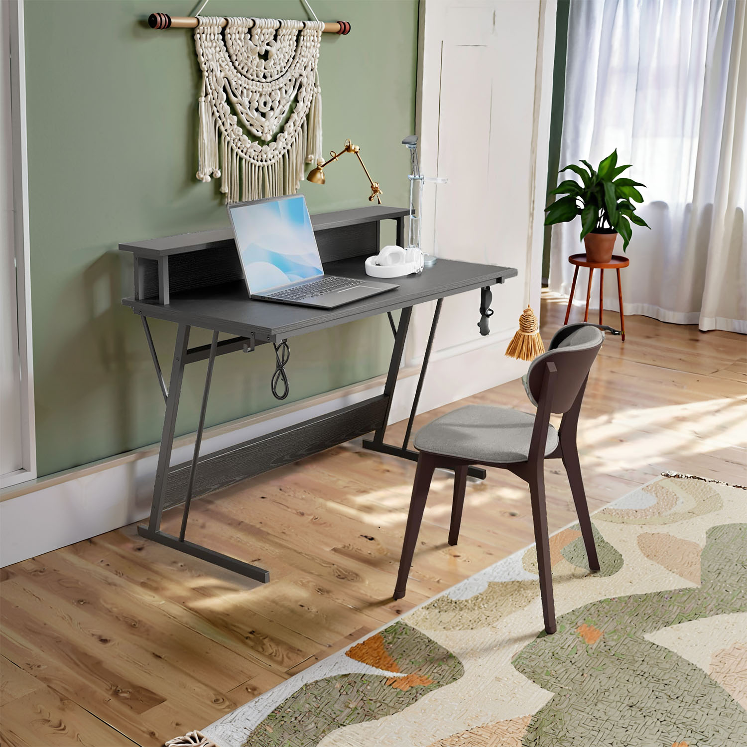 Computer Gaming Desk with Built-In Power Outlets, Home Office Desk with Lights and Monitor Shelf, for Gaming Work 60 x 120 x 76 cm