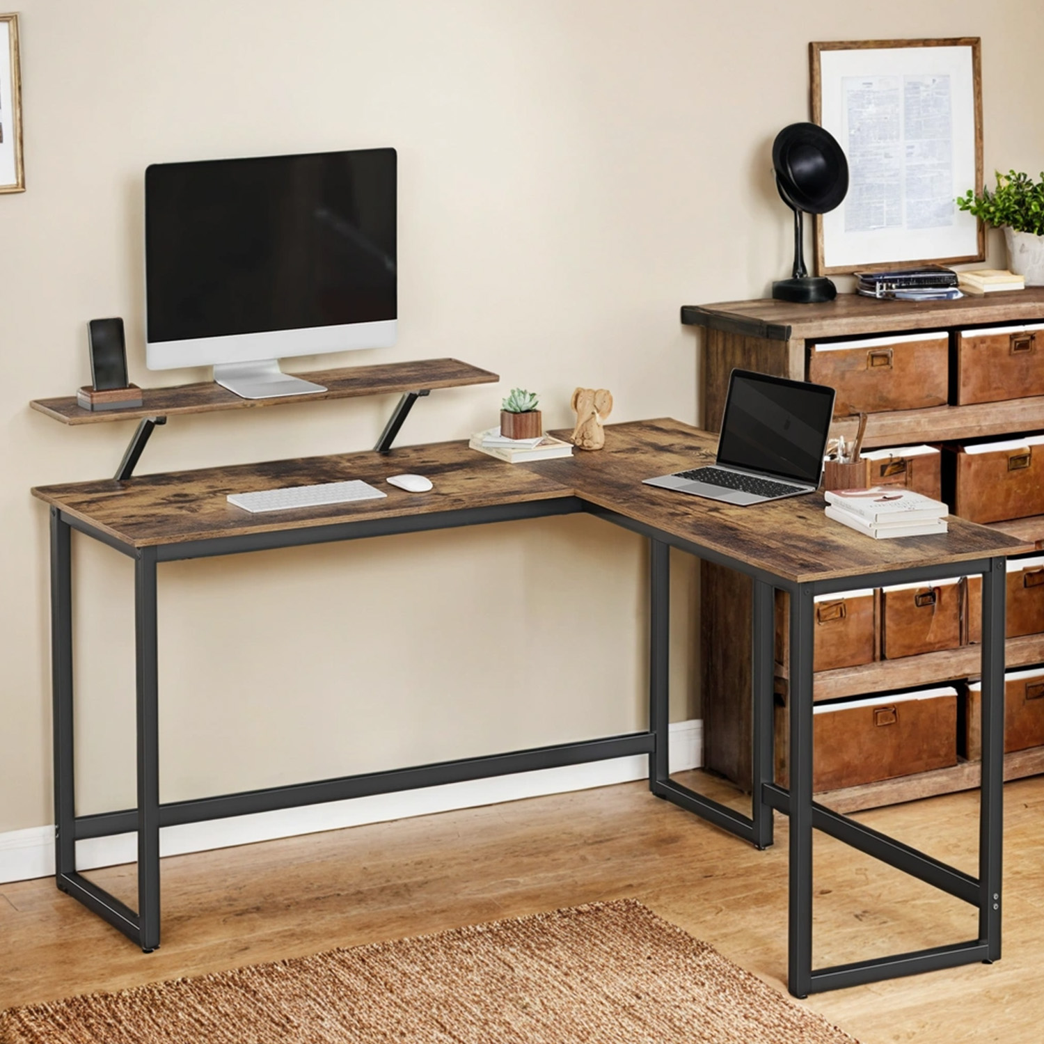 L-Shaped Corner Desk, Computer Desk with Monitor Stand, for Home Office Study Gaming