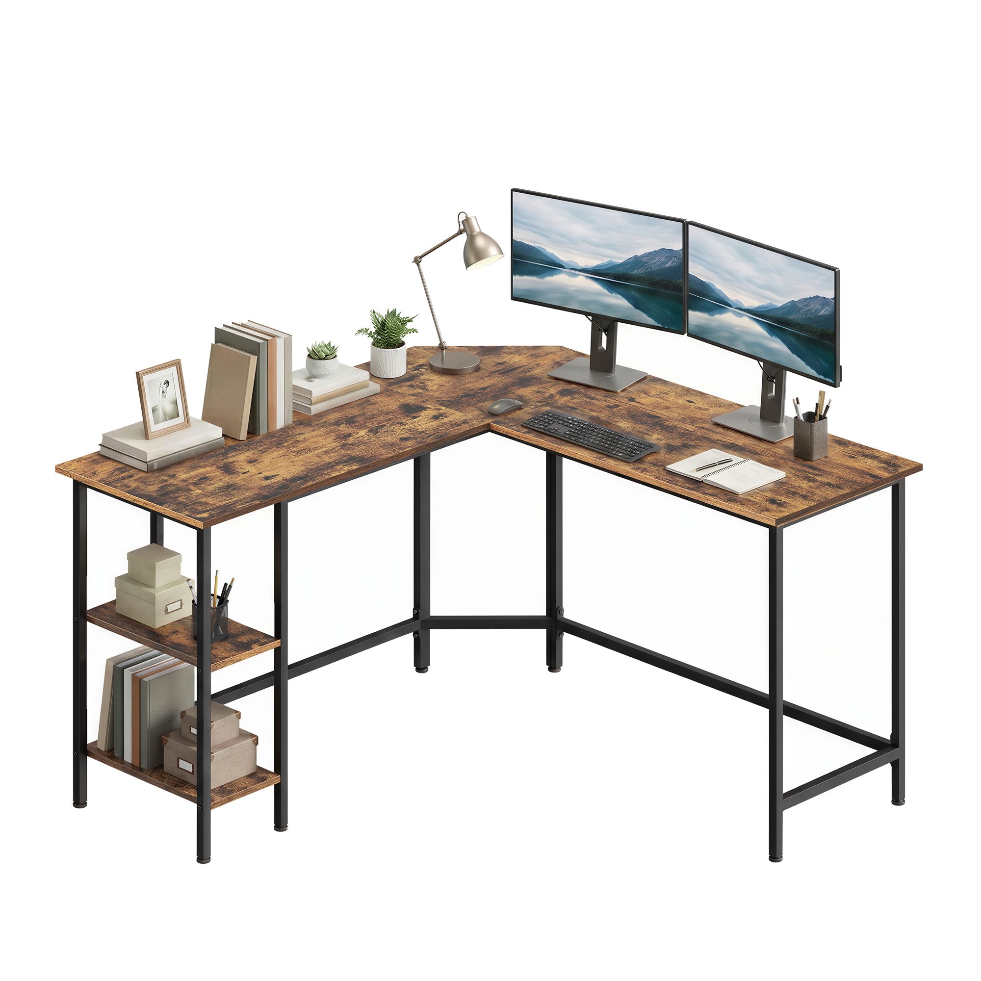 L-Shaped Office Desk, Space-Saving Corner Computer Desk with 2 Shelves, Easy Assembly, Brown and Black