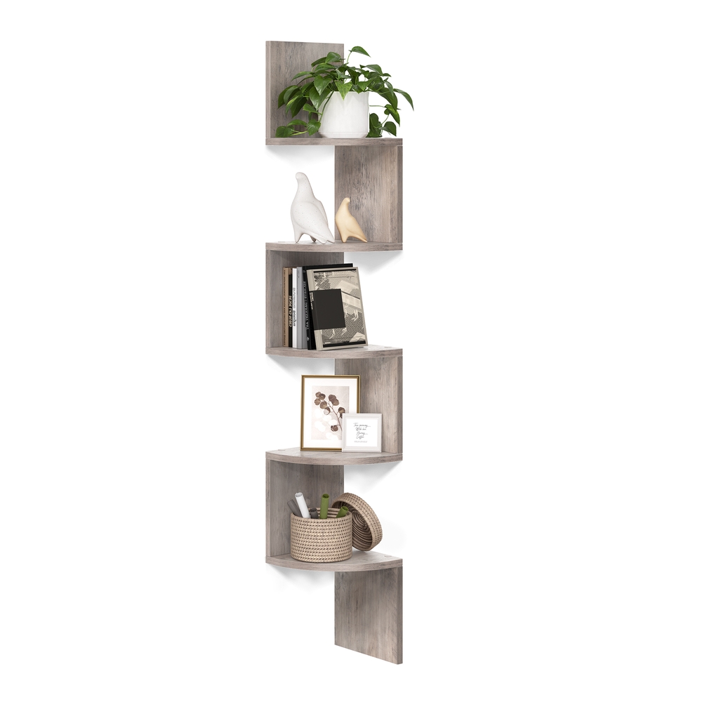 Greige Wall-Mounted Wooden Corner Bookshelf