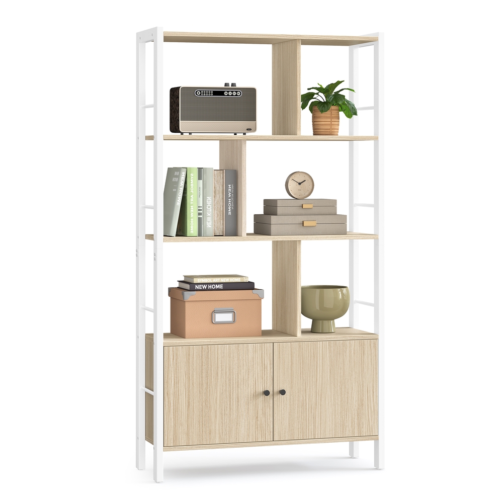 Bookshelf 4 Shelves Stable Steel Structure Natural Beige and Cloud White