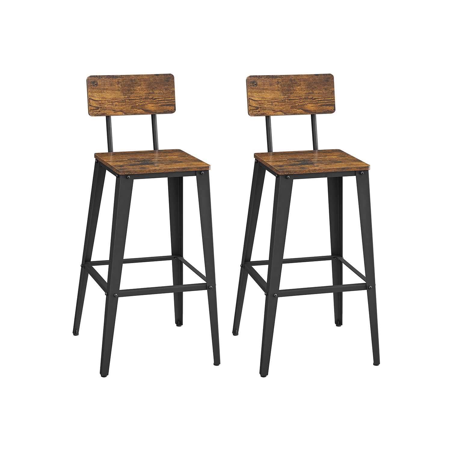 Industrial Steel Bar Stools Set of 2 with Backrests – Easy Assembly Kitchen/Bar Stools in Rustic Brown & Black (