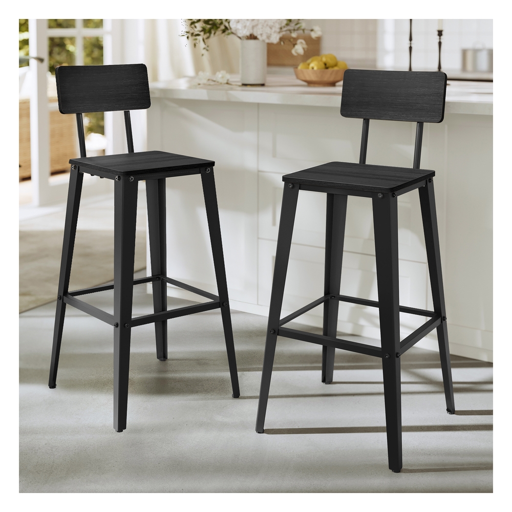 Bar Stool Set of 2 with Backrest Steel Frame Ash Black and Ink Black