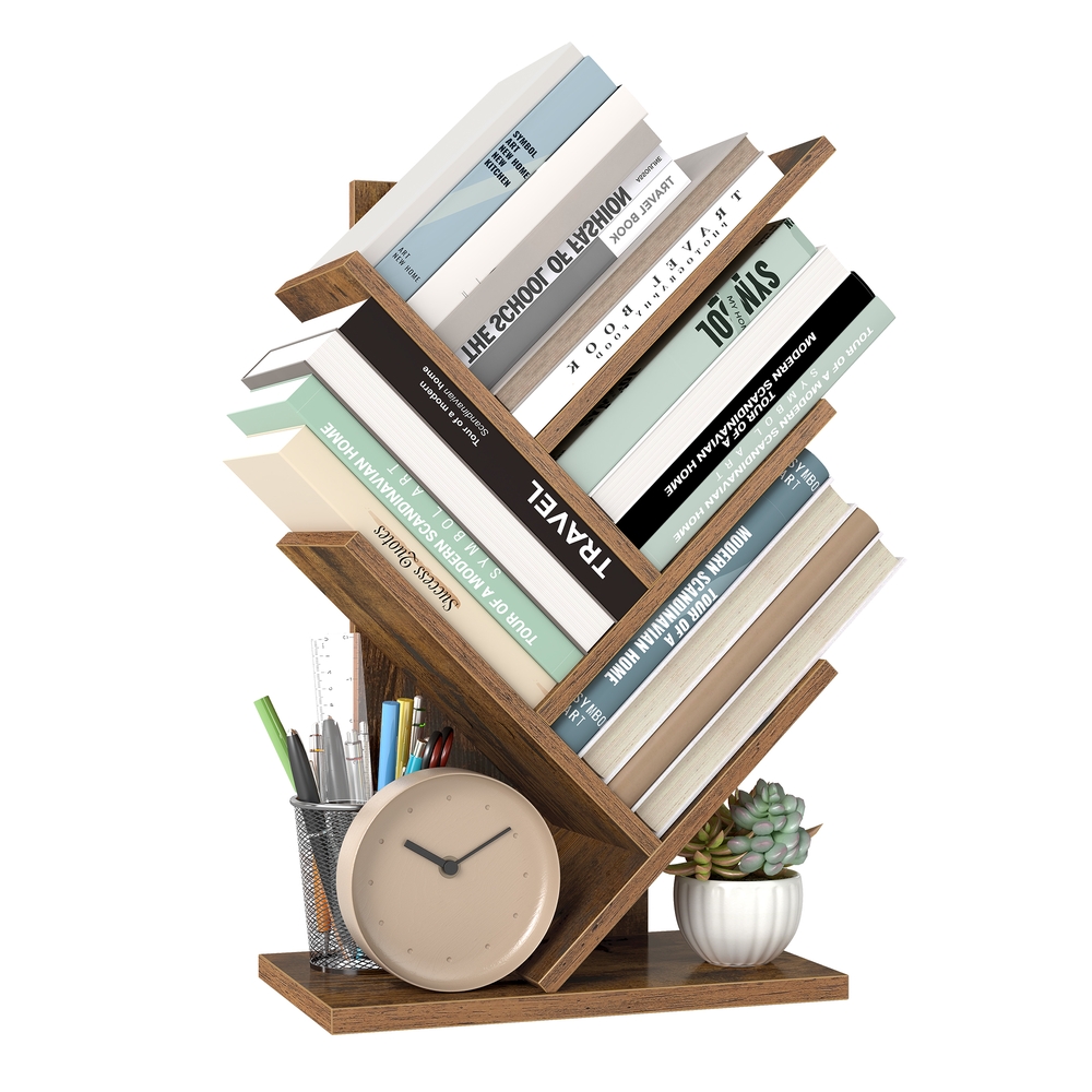 5-Tier Tree Bookshelf with Wooden Shelves Rustic Brown