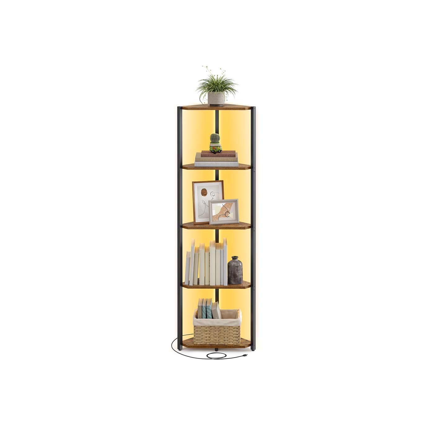 5-Tier Corner Shelf with Adjustable LED Lights Rustic Brown
