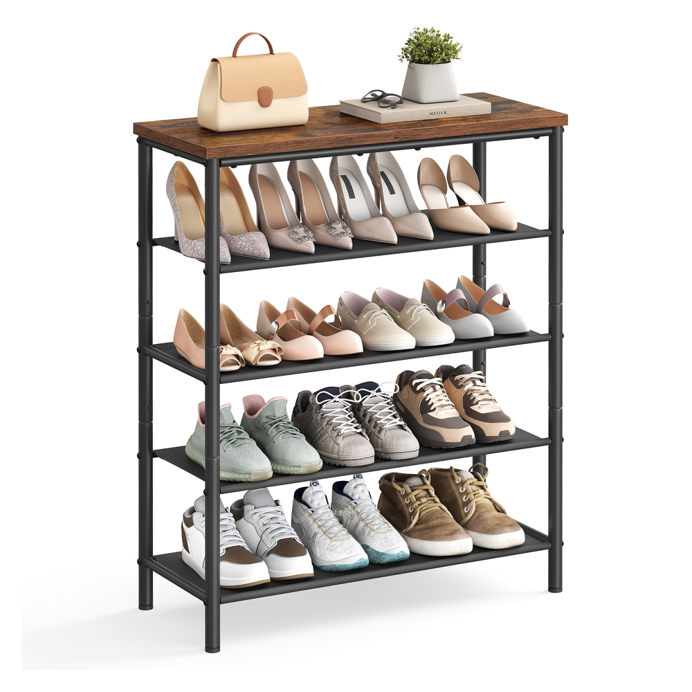 Industrial 5-Tier Steel Shoe Stand with 4 Cloth Shelves, Top Storage for Bags, Space-Saving Entryway/Closet Organizer in Rustic Brown & Black