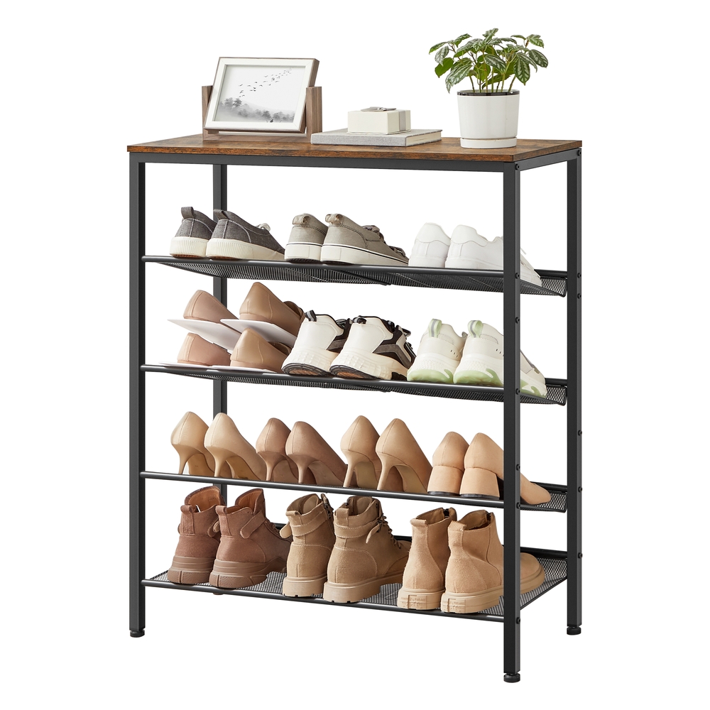Industrial 5-Tier Steel Shoe Rack with Mesh Shelves, Wide Top Storage for Entryway/Hallway, Space-Saving Design in Rustic Brown & Black Industrial 5-Tier Steel Shoe Rack with Mesh Shelves, Wide Top Storage for Entryway/Hallway, Space-Saving Design in Rustic Brown & Black