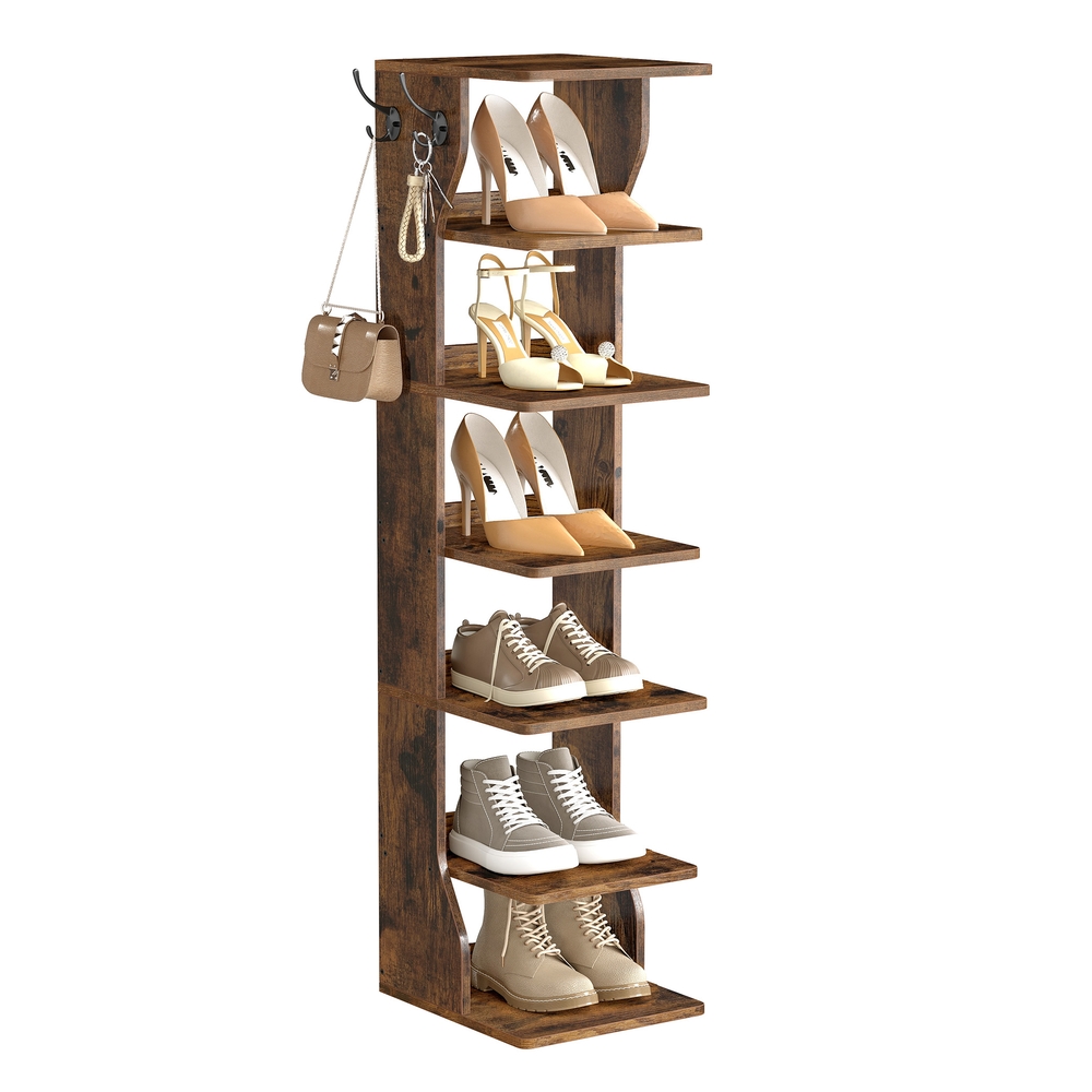 Slim Shoe Rack 7-Tier Shoe Stand for Small Spaces Rustic Brown